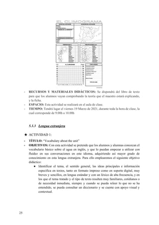 - RECURSOS Y MATERIALES DIDÁCTICOS: Se dispondrá del libro de texto
para que los alumnos vayan comprobando la teoría que el maestro estará explicando,
y la ficha.
- ESPACIO:​ Esta actividad se realizará en el aula de clase.
- TIEMPO: Tendrá lugar el viernes 19 Marzo de 2021, durante toda la hora de clase, la
cual corresponde de 9.00h a 10.00h
5.3.3 Lengua extranjera
★ ACTIVIDAD 1:
- TÍTULO: ​“Vocabulary about the unit”
- OBJETIVOS: ​Con esta actividad se pretende que los alumnos y alumnas conozcan el
vocabulario básico sobre el agua en inglés, y que lo puedan empezar a utilizar con
fluidez en sus conversaciones en este idioma, adquiriendo así mayor grado de
conocimiento en esta lengua extranjera. Para ello emplearemos el siguiente objetivo
didáctico:
● Identificar el tema, el sentido general, las ideas principales e información
específica en textos, tanto en formato impreso como en soporte digital, muy
breves y sencillos, en lengua estándar y con un léxico de alta frecuencia, y en
los que el tema tratado y el tipo de texto resulten muy familiares, cotidianos o
de necesidad inmediata, siempre y cuando se pueda releer lo que no se ha
entendido, se pueda consultar un diccionario y se cuente con apoyo visual y
contextual.
25
 