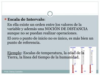 Escala de Intervalo:
En ella existe un orden entre los valores de la
variable y además una NOCIÓN DE DISTANCIA
aunque no se puedan realizar operaciones.
El cero o punto de inicio no es único, es más bien un
punto de referencia.
Ejemplo: Escalas de temperatura, la edad de la
Tierra, la línea del tiempo de la humanidad.
Profa: Oderay Castrellón
 