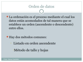 Orden de datos
La ordenación es el proceso mediante el cual los
datos están acomodados de tal manera que se
establece un orden (ascendente o descendente)
entre ellos.
Hay dos métodos comunes:
• Listado en orden ascendente
•Método de tallo y hojas
Profa: Oderay Castrellón
 