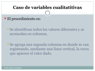 Caso de variables cualitatitivas
El procedimiento es:
 Se identifican todos los valores diferentes y se
acomodan en columna.
 Se agrega una segunda columna en donde se van
registrando, mediante una línea vertical, la veces
que aparece el valor dado.
Profa: Oderay Castrellón
 