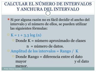 CALCULAR EL NÚMERO DE INTERVALOS
Y ANCHURA DEL INTERVALO
Si por alguna razón no es fácil decidir el ancho del
intervalo y el número de ellos, se pueden utilizar
las siguientes fórmulas:
 K = 1 + 3.3 log (n)
 Donde K = número aproximado de clases
n = número de datos.
 Amplitud de los intervalos = Rango / K
 Donde Rango = diferencia entre el dato
mayor y el dato
menor.
Profa: Oderay Castrellón
 