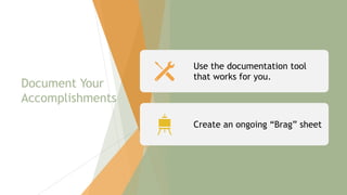 Document Your
Accomplishments
Use the documentation tool
that works for you.
Create an ongoing “Brag” sheet
122
 