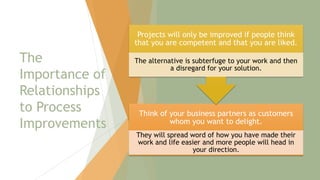 The
Importance of
Relationships
to Process
Improvements
Think of your business partners as customers
whom you want to delight.
They will spread word of how you have made their
work and life easier and more people will head in
your direction.
Projects will only be improved if people think
that you are competent and that you are liked.
The alternative is subterfuge to your work and then
a disregard for your solution.
127
 