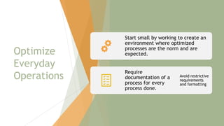 Optimize
Everyday
Operations
Start small by working to create an
environment where optimized
processes are the norm and are
expected.
Require
documentation of a
process for every
process done.
Avoid restrictive
requirements
and formatting
26
 