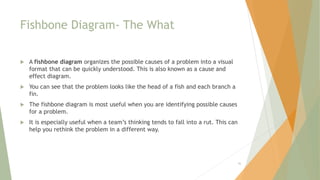 Fishbone Diagram- The What
 A fishbone diagram organizes the possible causes of a problem into a visual
format that can be quickly understood. This is also known as a cause and
effect diagram.
 You can see that the problem looks like the head of a fish and each branch a
fin.
 The fishbone diagram is most useful when you are identifying possible causes
for a problem.
 It is especially useful when a team’s thinking tends to fall into a rut. This can
help you rethink the problem in a different way.
36
 