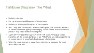 Fishbone Diagram- The What
 Brainstorming tool
 List the 4-6 main possible causes of the problem
 Brainstorm all the possible causes of the problem.
 Ask: “Why does this happen?” As each idea is given, the facilitator writes it
as a branch from the appropriate category. Causes can be written in several
places if they relate to several categories.
 Again ask “why does this happen?” about each cause. Write sub–causes
branching off the causes. Continue to ask “Why?” and generate deeper levels
of causes. Layers of branches indicate causal relationships.
 When the group runs out of ideas, focus attention to places on the chart
where ideas are few.
37
 