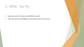 2. SIPOC- You Try
 Stop here and try filling in the SIPOC yourself.
 Then test your knowledge by continuing to the next lecture.
42
 