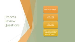 Process
Review
Questions
Does it add value?
Can it be
eliminated?
Can it be
automated?
Why is this process
being done on a
piece of paper?
79
 