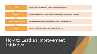 How to Lead an Improvement
Initiative
Lead Lead in an authentic, direct and matter of fact way.
Challenge and Empower Challenge and empower your team to achieve the goals set forth.
Engage Engage cross functional teams formed of employees a diverse background.
Focus Focus on addressing a clear, shared, business frustration.
86
 