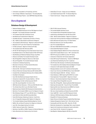 business.udemy.com
Udemy Business Course List
©2021 Udemy. All rights reserved. 12
•	 UI Animation using Sketch 3, Principle App, and Flinto
•	 How to Design a Website on Squarespace - No Coding Required
•	 7 GIMP Web Design Projects - Learn GIMP Web Design By Doing
•	 Adobe Muse CC Course - Design and Launch Websites
•	 Learn Adobe Dreamweaver CS6 - For Absolute Beginners
•	 Framer Crash Course – Design, Code, and Collaborate
Development
Database Design & Development
•	 Relational Database Design
•	 The Ultimate MySQL Bootcamp: Go from SQL Beginner to Expert
•	 MongoDB - The Complete Developer’s Guide 2021
•	 The Complete Oracle SQL Certification Course
•	 Data Warehouse Fundamentals for Beginners
•	 Snowflake Decoded - Fundamentals and hands on Training
•	 SQL - MySQL for Data Analytics and Business Intelligence
•	 The Complete PL/SQL Bootcamp : “Beginner to Advanced PL/SQL”
•	 Blockchain A-Z™: Learn How To Build Your First Blockchain
•	 PL/SQL by Example - Beginner to Advanced PL/SQL
•	 The Complete Oracle SQL Bootcamp (2021)
•	 DP-201/ DP-203: Designing an Azure Data Solution Exam Course
•	 Snowflake[A-Z] Zero to Hero Masterclass(Core+SQL+API+Visual)
•	 Data Modeling and Relational Database Design using ERwin
•	 Ethereum and Solidity: The Complete Developer’s Guide
•	 SQL & PostgreSQL for Beginners: Become an SQL Expert
•	 SQL and PostgreSQL: The Complete Developer’s Guide
•	 Introduction to Database Engineering
•	 Blockchain for Business: The New Industrial Revolution
•	 200+ SQL Interview Questions
•	 Advanced SQL : SQL Expert Certification Preparation Course
•	 Ethereum Blockchain Developer Bootcamp With Solidity (2021)
•	 Complete SQL and Databases Bootcamp: Zero to Mastery [2021]
•	 Snowflake for Developers
•	 Azure SQL Data Warehouse Synapse Analytics Service
•	 Introduction to Apache NiFi | Cloudera DataFlow - HDF 2.0
•	 Oracle Database 12c SQL Certified Associate 1Z0-071
•	 Learn SQL Using PostgreSQL: From Zero to Hero
•	 AWS Data Architect Bootcamp - 43 Services 500 FAQs 20+ Tools
•	 The Ultimate Oracle SQL Course: SQL Made Practical
•	 Mastering Amazon Redshift 2021 Development &Administration
•	 Mainframe: The Complete COBOL Course From Beginner To Expert
•	 SQL & Database Design A-Z™: Learn MS SQL Server + PostgreSQL
•	 Learn Redis And Utilize Jedis With Spring Data Redis
•	 Oracle SQL Developer: Mastering its features + tips &tricks
•	 Intro To PostgreSQL Databases With PgAdmin For Beginners
•	 The Complete Database Design & Modeling Beginners Tutorial
•	 MySQL, SQL and Stored Procedures from Beginner to Advanced
•	 Learn SQL +Security(pen) testing from Scratch
•	 NoSQL: Neo4j and Cypher (Part: 1-Beginners)
•	 Mainframe: Code DB2 on COBOL Programs for Absolute Beginners
•	 Build a Blockchain and a Cryptocurrency from Scratch
•	 200+ PL/SQL Interview Questions
•	 The Complete MySQL Developer Course
•	 The Complete Python & PostgreSQL Developer Course
•	 Implementing a Data Warehouse with SQL Server 2012
•	 Redis - World’s Fastest Database - Beginners to Advance
•	 Oracle Fusion Technical-Business Intelligence & OTBI Reports
•	 Build a Blockchain & Cryptocurrency | Full-Stack Edition
•	 Blockchain Advanced Level: Uses Beyond Bitcoin
•	 Java 11 For Complete Beginners
•	 SQL Server SSAS (Multidimensional MDX) - an Introduction
•	 Oracle GoldenGate Beginner to Expert
•	 Oracle Database Migration Methods :On-Prem to Oracle Cloud
•	 Apache NiFi Complete Master Course - HDP - Automation ETL
•	 REST API Using Java and BDD Cucumber: API Testing
•	 Introduction to Blockchain with Industry Applications
•	 Oracle DB Tuning &Troubleshooting - Interpret an AWR Report
•	 Learn Blockchain By Building Your Own In JavaScript
•	 1Z0-071 Oracle SQL Developer: Certified Associate (Database)
•	 The Complete Azure SQL Database Bootcamp:Beginner To Expert
•	 Introduction to GIS: Spatial Data Analysis with QGIS
•	 Managing database versions with Liquibase and Spring Boot
•	 Oracle Fusion Technical with BPM Workflows, Oracle SOA &ADF
•	 Oracle Data Integrator (ODI) 12C - All Steps - Hands on
•	 Oracle Database on AWS: Exploring EC2 & RDS from scratch
•	 Oracle Application Framework(OAF) - Beginners to Expert
•	 Ethereum : Decentralized Application Design & Development
•	 The Complete Python/PostgreSQL Course 2.0
•	 Node, SQL, & PostgreSQL - Mastering Backend Web Development
•	 Mastering Intermediate DAX - Power BI, Power Pivot & SSAS
•	 Mastering SQL Server Reporting Services (SSRS) From Scratch
•	 Oracle RAC and Grid Infrastructure Concepts
•	 SQL Server High Availability and Disaster Recovery (HA/DR)
•	 Oracle 11gR2 RAC - Quick 2-node RAC Deployment Guide
•	 SQLServer 2019 Data Analytics &Tableau Data Visualisation
•	 MongoDB 3.2: Professional Developer
•	 Master Ethereum & Solidity Programming:Build Real-World Apps
•	 Database Management Systems Part 3 : SQL Interview Course
•	 Querying Microsoft SQL Server 2012 - (Exam No. 70-461)
•	 Blockchain Development on Hyperledger Fabric using Composer
•	 Vagrant Up! Comprehensive development system automation
•	 Learn Oracle 12c SQL : Kickstart kit for beginners
•	 Data Migration: Database Migration MS SQL to Oracle DB
 