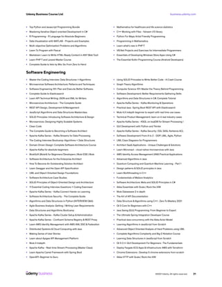 business.udemy.com
Udemy Business Course List
©2021 Udemy. All rights reserved. 21
•	 Top Python and Javascript Programming Bundle
•	 Mastering Iterative Object-oriented Development in C#
•	 R Programming - R Language for Absolute Beginners
•	 Data Visualization with MATLAB - Projects and Examples
•	 Multi-objective Optimization Problems and Algorithms
•	 Learn To Program with Pascal
•	 Markdown: Learn to Write HTML-Ready Content in ANY Web Tool!
•	 Learn PHP 7 and Laravel Master Course
•	 Complete Guide to Velo by Wix: Go From Zero to Hero!
•	 Mathematica for healthcare and life science statistics
•	 C++ Working with Files - fstream I/O library
•	 Python For Maya: Artist Friendly Programming
•	 Programming in Mathematica
•	 Learn what’s new in PHP 7
•	 VB.Net Projects and Exercises for Intermediate Programmers
•	 Essentials of Developing Windows Store Apps Using C#
•	 The Essential Kotlin Programming Course (Android Developers)
Software Engineering
•	 Master the Coding Interview: Data Structures + Algorithms
•	 Microservices Software Architecture: Patterns and Techniques
•	 Software Engineering 101: Plan and Execute Better Software.
•	 Complete Guide to Elasticsearch
•	 Learn API Technical Writing: JSON and XML for Writers
•	 Microservices Architecture - The Complete Guide
•	 REST API Design, Development & Management
•	 JavaScript Algorithms and Data Structures Masterclass
•	 SOLID Principles: Introducing Software Architecture & Design
•	 Microservices: Designing Highly Scalable Systems
•	 Clean Code
•	 The Complete Guide to Becoming a Software Architect
•	 Apache Kafka Series - Kafka Streams for Data Processing
•	 The Coding Interview Bootcamp: Algorithms + Data Structures
•	 Domain Driven Design: Complete Software Architecture Course
•	 Apache Kafka for absolute beginners
•	 MuleSoft (Mule4) for Beginners/Developers | Mule ESB | Mule
•	 Software Architecture for the Enterprise Architect
•	 How To Become An Outstanding Solution Architect
•	 Learn Swagger and the Open API Specification
•	 UML and Object-Oriented Design Foundations
•	 Software Architecture Case Studies
•	 SOLID Principles of Object-Oriented Design and Architecture
•	 11 Essential Coding Interview Questions + Coding Exercises!
•	 Apache Kafka Series - Kafka Connect Hands-on Learning
•	 Software Architecture Security - The Complete Guide
•	 Algorithms and Data Structures in Python (INTERVIEW Q&A)
•	 Agile Business Analysis: Getting / Writing Lean Requirements
•	 Data Structures and Algorithms Bootcamp
•	 Apache Kafka Series - Kafka Cluster Setup &Administration
•	 Apache Kafka Series - Confluent Schema Registry & REST Proxy
•	 Learn AWS Identity Management with AWS IAM, SSO & Federation
•	 Distributed Systems & Cloud Computing with Java
•	 Making Sense of User Stories
•	 Learn about Apigee API Management Platform
•	 Mule 4 Indepth
•	 Apache Kafka - Real-time Stream Processing (Master Class)
•	 Learn Apache Camel Framework with Spring Boot
•	 OpenAPI: Beginner to Guru
•	 Using SOLID Principles to Write Better Code - A Crash Course
•	 Graph Theory Algorithms
•	 Computer Science 101: Master the Theory Behind Programming
•	 Software Development: Better Requirements Gathering Skills
•	 Algorithms and Data Structures in C#: Complete Tutorial
•	 Apache Kafka Series - Kafka Monitoring & Operations
•	 Practical Java : Spring Boot REST API with Elasticsearch
•	 Mule 4.X indepth beginner to expert with real time use cases
•	 Technical Product Management: learn on 4 real industry cases
•	 Apache Kafka Series - KSQL on ksqlDB for Stream Processing !
•	 GUI Development with Python and Tkinter
•	 Apache Kafka Series - Kafka Security | SSL SASL Kerberos ACL
•	 Software Development From A to Z - OOP, UML, Agile, Python
•	 UML Class Diagrams for Programmers
•	 Architect SaaS Applications - Unique Challenges & Solutions
•	 Learn Micronaut - cloud native microservices with Java
•	 AWS Identity Access Management (IAM) Practical Applications
•	 Advanced Algorithms in Java
•	 Quantum Computing and Quantum Machine Learning - Part 1
•	 Design patterns & SOLID principles in Java
•	 Learn Multithreading in C++
•	 Fundamentals of Watson Analytics
•	 Software Architecture: Meta and SOLID Principles in C#
•	 Akka Essentials with Scala | Rock the JVM
•	 Mule Dataweave 2 in depth
•	 The Art of API Documentation
•	 Data Structure &Algorithms using C++ : Zero To Mastery 2021
•	 Qt 5 Core for Beginners with C++
•	 Java Swing (GUI) Programming: From Beginner to Expert
•	 The Ultimate Spring Integration Developer Course
•	 Practical Java concurrency with the Akka Actor Model
•	 Learning Algorithms in JavaScript from Scratch
•	 Advanced Object Oriented Analysis of Hard Problems using UML
•	 Complete Algorithms Complexity and Big O Notation Course
•	 Learning Data Structures in JavaScript from Scratch
•	 Qt 5 C++ GUI Development For Beginners : The Fundamentals
•	 Deploy Fargate ECS Apps & Infrastructure: AWS with Terraform
•	 Chrome Extensions : Develop 5 chrome extensions from scratch
•	 Akka HTTP with Scala | Rock the JVM
 