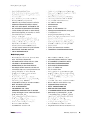 business.udemy.com
Udemy Business Course List
©2021 Udemy. All rights reserved. 23
•	 Selenium WebDriver and Design Patterns
•	 TestNG - All in One (Crash Course), Interview question & MCQ
•	 Rest API/Web Services testing with SoapUI+Realtime scenarios
•	 HP LoadRunner 12.55
•	 Appium - Mobile Testing with Latest 1.17 and Live Projects
•	 API testing with RestSharp and Specflow in C#
•	 UI Automation with Serenity BDD (Selenium, Cucumber, Junit)
•	 Test Automation with Katalon Studio (Selenium WebDriver)
•	 SDETTraining: Selenium WebDriver, Java Project & Code Tests
•	 REST API Automation:REST Assured,Serenity BDD Framework
•	 Cucumber BDD with Python 3 Behave and Selenium WebDriver
•	 Selenium WebDriver and Java - Learn Automation with Selenium
•	 Automated Software Testing with Puppeteer
•	 Node.js Unit Testing In-Depth
•	 Python From Scratch & Selenium WebDriver From Scratch
•	 Java Lambda & Streams [Examples With Selenium WebDriver]
•	 Unit Testing and Test Driven Development in NodeJS
•	 Automation framework with Selenium Java (Advanced)
•	 Cucumber Framework with Selenium Webdriver and Java
•	 Learn Robot Framework (Selenium) from Industry Expert|22+hr⭐
•	 Robot Framework - Jenkins CI & Git Version Control
•	 Learn Unit Testing with NUnit and C#
•	 Protractor: End to End testing framework for AngularJS Apps
•	 WebServices/API Testing by SoapUI-Groovy|Real-time API|23+hr
•	 Unit testing your Javascript with jasmine
•	 MSTest Unit Testing Tutorial for beginners : C# Unit Testing
•	 Software testing and Automation of APIs with UFT/QTP
•	 Learn Autosar DCM and Diagstack from scratch
•	 Learn TestNG using IntelliJ IDEA
•	 UiPath Test Automation
•	 TDD in C# From A to Z
•	 Beginning Test Driven Development in C++
•	 Instant Test Driven Development with Java, JUnit and Mockito
•	 PHP Unit Testing with PHPUnit
•	 Test-Driven Development Masterclass with Angular
•	 Selenium Python - Step by Step for Beginners with Framework
•	 Mastering SmartBear TestComplete
•	 Robot Framework Test Automation - Saucelabs Integration
•	 Real World Python Test Automation with Pytest (Django app)
•	 Complete Backend (API) Development with Python A-Z™
•	 Cypress by Examples
•	 Simulating Power Electronic Circuits using Python
•	 Complete Selenium Ruby Automation Engineer Bootcamp
Web Development
•	 React - The Complete Guide (incl Hooks, React Router, Redux)
•	 Angular - The Complete Guide (2021 Edition)
•	 The Complete JavaScript Course 2021: From Zero to Expert!
•	 The Complete 2021 Web Development Bootcamp
•	 Master Microservices with Spring Boot and Spring Cloud
•	 Build Responsive Real World Websites with HTML5 and CSS3
•	 Responsive Web Design: HTML5 + CSS3 for Entrepreneurs 2018
•	 Automate the Boring Stuff with Python Programming
•	 Spring & Hibernate for Beginners (includes Spring Boot)
•	 The Web Developer Bootcamp 2021
•	 The Complete Node.js Developer Course (3rd Edition)
•	 Spring Framework Master Class - Java Spring the Modern Way
•	 Understanding TypeScript - 2021 Edition
•	 The Python Bible™ | Everything You Need to Program in Python
•	 Modern React with Redux [2020 Update]
•	 API and Web Service Introduction
•	 The Complete ASP.NET MVC 5 Course
•	 Master Java Web Services and RESTful API with Spring Boot
•	 Complete React Developer in 2021 (w/ Redux, Hooks, GraphQL)
•	 Spring Framework In Easy Steps
•	 The Python Mega Course: Build 10 Real World Applications
•	 Spring Framework 5: Beginner to Guru
•	 Learn Spring Boot in 100 Steps - Beginner to Expert
•	 Apache Tomcat Server from Beginners to Advanced
•	 Microservices with Node JS and React
•	 Docker & Kubernetes: The Practical Guide
•	 50 Projects In 50 Days - HTML, CSS &JavaScript
•	 Python and Django Full Stack Web Developer Bootcamp
•	 The Complete Angular Course: Beginner to Advanced
•	 spring Framework for Beginners with Spring Boot
•	 Go Java Full Stack with Spring Boot and Angular
•	 REST APIs with Flask and Python
•	 Learn and Understand NodeJS
•	 Modern HTML & CSS From The Beginning (Including Sass)
•	 Spring MVC For Beginners - Build Java Web App in 25 Steps
•	 Vue - The Complete Guide (w/ Router, Vuex, Composition API)
•	 Build an app with ASPNET Core and Angular from scratch
•	 Java Web Services
•	 Advanced CSS and Sass: Flexbox, Grid, Animations and More!
•	 Wordpress for Beginners - Master Wordpress Quickly
•	 Spring Boot Microservices and Spring Cloud
•	 JavaScript: Understanding the Weird Parts
•	 Angular Crash Course for Busy Developers
•	 The Complete React Developer Course (w/ Hooks and Redux)
•	 Master Hibernate and JPA with Spring Boot in 100 Steps
•	 The Complete jQuery Course: From Beginner To Advanced!
•	 Angular & NodeJS - The MEAN Stack Guide [2021 Edition]
•	 Modern JavaScript From The Beginning
•	 The Complete Python Course | Learn Python by Doing
•	 Java Enterprise Edition 8 for Beginners course
•	 The Complete Web Developer in 2021: Zero to Mastery
•	 Spring Boot Microservices with Spring Cloud Beginner to Guru
 