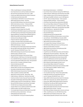 business.udemy.com
Udemy Business Course List
©2021 Udemy. All rights reserved. 34
•	 TOTAL: CompTIA Network+ Certification (N10-007)
•	 Azure Kubernetes Service with Azure DevOps and Terraform
•	 Microsoft Power Automate (Flow) Crash Course - 2020
•	 Practice Exam AWS Certified Solutions Architect Professional
•	 Certified Kubernetes Administrator 2021
•	 CompTIA Network+ (N10-007) Full Course & Practice Exam
•	 AWS Certified Solutions Architect - Associate
•	 Microsoft AZ-500 Certification: Azure Security Technologies
•	 AWS Certified Solutions Architect - Professional 2020
•	 DP-200 Implementing Azure Data Exam Prep In One Day
•	 Snowflake Certification Preparation
•	 AZ-304 Azure Architect Design Exam Prep 2021
•	 CompTIA CySA+ (CS0-002) Complete Course & Practice Exam
•	 AZ-104 Microsoft Azure Administrator Training Bootcamp 2021
•	 Mastering AWS Glue, QuickSight, Athena & Redshift Spectrum
•	 [NEW] Ultimate AWS Certified Database Specialty 2021
•	 Identity and Access Management (IAM)
•	 Prepare the Safe 5.0 Leading Safe certificate
•	 Certified in Information System Audit (CISA) by ISACA
•	 AZ-303: Microsoft Azure Architect Technologies Practice Test
•	 AWS Certified Developer - Associate
•	 AZ-104 Microsoft Azure Administrator Practice Exam Questions
•	 Microsoft 365 Fundamentals: MS-900 +Practice Questions
•	 Java SE 11 Developer 1Z0-819 OCP Course - Part 1
•	 AWS Certified Developer Associate Practice Exam Questions
•	 Salesforce Admin certification course
•	 Microsoft AZ-304 Certification: Azure Architect Design
•	 CISSP Certification: CISSP Domain 3 & 4 Video Boot Camp 2020
•	 Cisco CCNA 200-301 Exam: Complete Course with practical labs
•	 Azure AI Fundamentals AI-900 practice exams -Pass guaranteed
•	 New for 9.2! Part 1 Foundation Certification Training
•	 Docker Certified Associate 2021
•	 CBAP Certification Course. Full Course.
•	 ISO/IEC 27001. Information Security Management System.
•	 ServiceNow Certified Administration For Beginners
•	 AWS Certified Developer Associate Exam Training 2021 [NEW]
•	 TOTAL: CompTIA A+ Certification (220-1002).
•	 AWS Solution Architect Associate - Step by Step - 2021
•	 CISM Certification: CISM Domain 1 Video Boot Camp 2020
•	 HashiCorp Certified: Terraform Associate Practice Exam 2021
•	 ServiceNow Certified System Administrator (CSA): Paris 2021
•	 ISTQB Foundation level (CTFL) Training 2021 exam + 1500quiz
•	 Microsoft AZ-303 Certification: Azure Architect Technologies
•	 70-462: SQL Server Database Administration (DBA)
•	 Terraform Master Course | HashiCorp Certified Terraform 2021
•	 ISTQB Foundation Level 2021 Complete Training
•	 The Complete Splunk Enterprise Certified Admin Course 2021
•	 AZ-104: Microsoft Azure Administrator - Full Course
•	 Getting Started with HashiCorp Vault
•	 Cisco CCNA 200-301 : Full Course For Networking Basics
•	 Red Hat System Administration I – SA1 (RHEL8)
•	 Scrum Product Owner Certification Training &Two PSPO1 Exams
•	 CISSP Certification: CISSP Domain 5 & 6 Video Boot Camp 2020
•	 Project in DevOps: Jenkins CI/CD for Kubernetes Deployments
•	 SAS Programming BASE certification course for SAS Beginners
•	 CCA 175 - Spark and Hadoop Developer - Python (pyspark)
•	 Tackling Snowflake Certification - Practice Questions
•	 AZ-104 Exam Prep: Microsoft Azure Administrator (FEB 2021)
•	 Clear and Simple VMware vSphere 6.7 Professional VCP-DCV
•	 CISSP practice questions #1 - ALL CISSP domains 250 Q - 2020
•	 CISSP Certification: CISSP Domain 7 & 8 Video Boot Camp 2020
•	 AWS Certified Security – Specialty SCS-C01 [New]
•	 Red Hat Certified Systems Administrator Prep
•	 Microsoft SCCM Training
•	 Certified Kubernetes Security Specialist 2021
•	 MS-500 Microsoft 365 Security Administration Lectures & Sims
•	 Java Certification : OCA (1Z0-808) Exam Simulation [2021]
•	 AI-100 Designing And Implement Azure AI Solution Exam Prep
•	 AWS Certified Cloud Practitioner (LEGACY)
•	 The Complete Python Developer Certification Course
•	 MD-100 Windows 10 Microsoft Instructor Led Training Course
•	 Salesforce Certified Platform Developer I
•	 AWS Certified Cloud Practitioner Training Bootcamp 2021
•	 React Tutorial and Projects Course
•	 CompTIA Security+ (SY0-501) Practice Exams with Simulations
•	 AWS Developer Associate Certification - Step by Step - 2021
•	 MS-700 Managing Microsoft Teams Training & Lab Simulations
•	 [NEW] AWS Certified SysOps Administrator Associate 2021
•	 Practice Test AWS Solutions Architect Associate SAA C02
•	 HashiCorp Certified: Terraform Associate Practice Exam 2021
•	 MCIA- Mulesoft Certified Integration Architect course
•	 Clear and Simple VMware vSphere 6.7 Foundations
•	 Microsoft AZ-104:Azure Administrator Exam Certification 2020
•	 Cisco CCNP Enterprise ( ENARSI + ENCOR ) Training
•	 Data Lake in AWS [New]
•	 Certified Kubernetes Application Developer 2021
•	 ITIL 4 Foundation Exam Prep / Practice Tests (updated 2021)
•	 AI-900: Microsoft Azure AI Fundamentals Prep Course
•	 Java SE 11 Developer 1Z0-819 OCP Course - Part 2
•	 Tableau 2020 Certified Associate Exam Guide A-Z (w Datasets)
•	 CISSP: How to study, plans, tips, materials, approach & more
•	 Practice Exam | AWS Certified DevOps Engineer Professional
•	 MS-900 Exam Prep: Microsoft 365 Fundamentals Course
•	 Certified Kubernetes Security Specialist (CKS)
•	 AWS Certified SysOps Administrator Associate Practice Exams
•	 AWS Certified Solution Architect - Associate
•	 MD-101 Microsoft Modern Desktop Admin Instructor Led Course
•	 TOTAL: CompTIA Security+ Cert. (SY0-501) Practice Tests.
•	 AWS Certified Cloud Practitioner Practice Tests - 2021
•	 Tableau Desktop Specialist Certification Practice Tests 2021
 