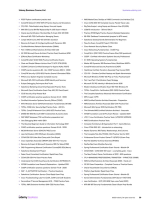 business.udemy.com
Udemy Business Course List
©2021 Udemy. All rights reserved. 36
•	 PCEP Python certification practice test
•	 CompTIA Network+ (N10-007) 6 Practice Exams and Simulations
•	 CCA 159 - Data Analyst using Sqoop, Hive and Impala
•	 MB-200 Course Will Be Replaced By PL-200 Exam In March
•	 Oracle Java Certification: Shortest Way To Crack OCA 1Z0-808
•	 Microsoft MS-700 Certification: Managing Teams
•	 Juniper JNCIA-Junos JN0-103 with Ben Jacobson
•	 Become An Expert At Configuring Microsoft Dynamics 365
•	 Certified Wireless Network Administrator (CWNA)
•	 Part 1: AWS Certified Solutions Architect SAA C02
•	 AZ-300 Microsoft Azure Architect Practice Exam Questions NEW
•	 [Official] Rasa Certification Workshop
•	 CompTIA CySA+ (CS0-002) Practice Certification Exams
•	 Clear and Simple VMware Horizon View 7.5 VCP-DTM (2019)
•	 CCDAK Confluent Certified Developer for Apache Kafka TESTS
•	 CISSP practice questions #4 - ALL CISSP domains 250 Q - 2020
•	 CompTIA Security+ (SY0-601) Practice Exams & Simulated PBQs
•	 RHCE Linux System Engineer Complete Course
•	 Microsoft MS-100 Certification M365 Identity and Services
•	 Eclipse Debugging Techniques And Tricks
•	 Salesforce Marketing Cloud Email Specialist Practice Tests
•	 Microsoft Excel Certification Exam Prep: MO-201 Excel Expert
•	 CCIE Security v5 by Khawar Butt
•	 CISSP certification practice questions: Domain 3 & 4 - 2020
•	 Certified Information Systems Security Officer (CISSO)
•	 MTA: Windows Server 2016 Administration Fundamentals: 98-365
•	 TOTAL: CISM (Info. Security Mgr) Practice Tests - 400 Q’s
•	 TOTAL: CompTIA Network+ Cert. (N10-007) Practice Tests.
•	 [NEW] MS-900 Microsoft 365 Fundamentels-5 practice tests
•	 SAP ABAP Netweaver 7.50 certification preparation test
•	 Java Debugging With IntelliJ IDEA
•	 The Absolute Beginners Guide to Information Technology 2021
•	 CISSP certification practice questions: Domain 5 & 6 - 2020
•	 MCSA Windows Server 2016 (70-740) Course
•	 Java Certification (1Z0-815) Exam Simulation [2020]
•	 CCNA 200-301 Video Boot Camp with Chris Bryant
•	 Cisco CyberOps Associate CBROPS 200-201: Part 1 Course
•	 Become An Expert At Microsoft Dynamics 365 For Sales (CRM)
•	 SAS Programming Advance Certification Course(SAS SQL,Macro)
•	 Salesforce Development Project
•	 Sales Cloud Consultant Certification: Rapid Exam Prep
•	 CCNA 200-301 Pre-Exam Practice Tests
•	 Understand the CCSK Cloud Security Certification (INTRODUCT)
•	 ISTQB Foundation Level Exams & Explanations - Updated 2021
•	 CISSP certification practice questions: Domain 7 & 8 - 2020
•	 SAP - C_ACTIVATE12 Certification - Practice Questions
•	 Salesforce Certification: Service Cloud Rapid Exam Prep
•	 Cisco Troubleshooting Labs For CCNA, CCNP, and CCIE Students
•	 ServiceNow IT Service Management (CIS - ITSM) Practice Tests
•	 TOTAL: AWS Solutions Architect SAA-C02 Practice Tests.
•	 AWS MasterClass: DevOps w/ AWS Command Line Interface (CLI)
•	 Cisco CCNA 200-301 Complete Course: Packet Tracer Labs
•	 Big Data Analyst -using Sqoop and Advance Hive (CCA159)
•	 COBIT5 Introduction - 30mins ONLY!
•	 Practice ISTQB Agile Practice Exams & Detailed Explanation
•	 98-364: Database Fundamentals (prepare for MTA exam)
•	 Salesforce Development &Administration for Beginners
•	 Pass the Exam: CompTIA Project+ PK0-004
•	 Cisco Network Security Master Class
•	 Cisco Networking Fundamentals - CCNA Prep
•	 CompTIA A+ (220-1001) Practice Exams (Over 500 questions!)
•	 CISSP - Certified Information Systems Security Professional
•	 A+ 2016: Operating Systems Fundamentals
•	 Master MS Dynamics 365 Business Rules, Workflows & BPFs
•	 CompTIA Advanced Security Practitioner (CASP)
•	 HashiCorp Certified: Terraform Associate Prep Course 2020
•	 CCA 131 - Cloudera Certified Hadoop and Spark Administrator
•	 Microsoft Windows 10 MD-100 Prep w/ FULL Practice Exam!
•	 Part 1 and Part 2 Certification Exam Strategy
•	 Microsoft 70-742: Identity in Windows Server 2016
•	 Modern Desktop Certification Exam MD-100: Windows 10
•	 TOTAL: CompTIA A+ Certification (220-1002) Practice Tests.
•	 The Complete Salesforce Advanced Administrator Certification
•	 MPLS Layer 3 VPN
•	 AWS Certified Solution Architect Associate - Preparation
•	 AWS Solutions Architect Associate 2021 with Practice Test
•	 Microsoft SQL Server 2016 Certification (70-765)
•	 The Ultimate AWS Certified Solutions Architect - Associate
•	 ISTQB Foundation Level (CTFL) Exam Review - Updated 2021
•	 LPIC-1 Linux Certification Practice Tests | UPDATED VERSION
•	 AWS Certifications Practice Tests
•	 Computer Architecture & Organization Part 1 : Cache Memory
•	 Cisco CCNA 200-301 - Introduction to networking
•	 Master Dynamics 365 Tables, Relationships, And Columns.
•	 The Complete Palo Alto PCNSE v10.0 Practice Test for 2021
•	 Professional Scrum Product Owner™ II (PSPO II) Exam Prep
•	 Red Hat Satellite Technical Overview (RH053)
•	 DevSecOps Exam (DevOps Security)
•	 Spring Professional Certification Exam Tutorial - Module 04
•	 CCNA 2020 - CCNA 200-301 exam - a complete guide - Cisco
•	 The New Product Owner Certification of 2021 - 800 questions
•	 ITIL 4 MANAGING PROFESSIONAL TRANSITION - 4 PRACTICE EXAMS
•	 AWS Certified Solutions Architect Associate 2020 - Hands on!
•	 F5 201 Exam Preparation - Complete Course w/ Practice Exams
•	 Oracle Visual Builder Cloud Service (VBCS)
•	 Platform App Builder: Rapid Exam Prep
•	 Spring Professional Certification Exam Tutorial - Module 03
•	 Server Administration Fundamentals 2017 (Server+ SK0-004)
•	 Java Certification - OCP (1Z0-809) Topic-wise Tests [2021]
•	 MTA 98-367 Security Fundamentals Class & Exam Prep Bundle
 