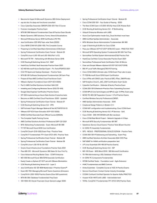 business.udemy.com
Udemy Business Course List
©2021 Udemy. All rights reserved. 37
•	 Become An Expert At Microsoft Dynamics 365 Online Deployment
•	 sap ale idoc for abap and functional consultant
•	 Cisco CyberOps Associate CBROPS 200-201: Part 2 Course
•	 Forensic Investigator Practice Exam
•	 MTA 98-366 Network Fundamentals Class & Practice Exam Bundle
•	 Master Dynamics 365 Solutions, Forms, Views &Visualizations
•	 Microsoft Windows Server 2016 Certification (70-741)
•	 Java Certification (1Z0-815) Topic-wise Tests [2020]
•	 Cisco NEW CCNA R/S (200-125): The Complete Course
•	 Preparing to Certified OpenStack Administrator (COA) Exam
•	 Spring Professional Certification Exam Tutorial - Module 02
•	 CompTIA Linux+ (LX0-103 and LX0-104) (Part 1 of 2)
•	 Microsoft 70-741 – Networking with Windows Server 2016
•	 CCIE Routing & Switching Version 5.0 - BGP
•	 HashiCorp Certified: Vault Associate Practice Exam 2021
•	 AZ-400 Microsoft Azure DevOps Expert - Prc Test:UPDATED 2021
•	 CCA 175 Spark and Hadoop Developer - Practice Tests
•	 MTA 98-361 Software Development Fundamentals C# Exam Prep
•	 Prepare & Pass AWS Certified Cloud Practitioner Exam
•	 VMware vSphere Foundations Exam (VCP-DCV 2020)
•	 Part 2: AWS Certified Solutions Architect SAA C02
•	 Installing and Configuring Windows Server 2012 (70-410)
•	 Google Data Engineer Certification Practice Exams
•	 DP-200 Implementing an Azure Data Solution 6 practice tests
•	 Become an AWS Certified Cloud Practitioner: 2020 - Updated
•	 Spring Professional Certification Exam Tutorial - Module 07
•	 CCIE Routing & Switching Version 5.0 - VPN
•	 SAP Activate Project Manager Material &Test ACTIVATE12 & 13
•	 VMware VCP DCV Exam Simulator (VCP-DCV 2020)
•	 GNS3 Certified Associate Exam Official Course (GNS3A).
•	 The Complete Traefik Training Course
•	 AWS Certified Solutions Architect Professional SAP-C01 2021
•	 MTA: Networking Fundamentals - Exam: Microsoft 98-366
•	 77-727 Microsoft Excel 2016 Core Certification
•	 CompTIA Cloud+ (CV0-002) Exam Prep / Practice Tests
•	 CompTIA IT Fundamentals ITF+ Exam (FC0-U61) : Practice Tests
•	 Spring Professional Certification Exam Tutorial - Module 08
•	 Spring Professional Certification Exam Tutorial - Module 06
•	 CompTIA Linux+ LX0-101 & LX0-102
•	 Oracle Cloud Infrastructure Foundations Practice Tests 2021
•	 Pass MB-210 - Microsoft Dynamics 365 Sales On Your First Try
•	 Cisco Advanced Routing Master Class - CCNP Enterprise
•	 MO-200 Microsoft Excel 365/2019 Associate Certification
•	 Easily Create a vSphere 6.7 VCP Lab with VMware Workstation
•	 CCIE Routing & Switching Version 5.0 - Layer 2
•	 Java Certification SE 1Z0-808 Masterclass + Practice Exams™
•	 Exam MS-700: Managing Microsoft Teams Questions &Answers
•	 CompTIA A+ (220-1002) Practice Exams (Over 500 questions!)
•	 MTA 98-364: Database Fundamentals Prep Exam
•	 1Z0-1054-20: Oracle Financials Cloud: General Ledger 2020
•	 Spring Professional Certification Exam Tutorial - Module 05
•	 Cisco CCNA 200-301 - Your Guide to Passing - 2020
•	 The New CCNA Exam v1.0 (200-301) By Hexa CCIE Khawar Butt
•	 CCIE Routing & Switching Version 5.0 - IP Multicasting
•	 Ubiquiti Enterprise Wireless with LABS
•	 Azure Cost Optimization Inside-Out_Cloud Architect must have
•	 AWS Certified SysOps Administrator - Associate
•	 MTA: Windows Server Administration Fundamentals: 98-365
•	 Layer 2 Switching &VLAN’s for Cisco CCNA
•	 Pass your VMware VCP-6.7 (VCP-2019) DCV exam - PRACTICE TEST
•	 Microsoft MTA Operating System Fundamental 98-349: Test Prep
•	 ServiceNow Certified System Administrator(CSA) Practice Test
•	 HashiCorp Certified: Consul Associate Practice Exam 2021
•	 ServiceNow Professional Suite Certification Path: All Micros
•	 Clear and Simple VMware vSphere 6.5 VCP-DCV (VCP 2019)
•	 BIG-IP Local Traffic Manager(LTM) V13 Training
•	 Cisco CCNA GNS3 Ultimate Labs: CCNA Exam Prep Labs to pass
•	 77-728 Microsoft Excel 2016 Expert Certification
•	 Cisco VPNs with GNS3 Labs: Practical GRE, IPSec, DMVPN labs
•	 SAP Analytics Cloud C_SAC_2021 Certification Exam Guide
•	 CyberArk Certification - Defender & Sentry Practice Exam
•	 CCNA 200-301 & Network+Practice Pack: Subnetting Success!
•	 CCNA MPLS Core technologies and MPLS Layer 3 VPNs: Exam prep
•	 MCSD 70-483 C# Preparation Course + 2 Full Practice Exams
•	 Certified Wireless Security Professional (CWSP)
•	 AWS SysOps Administrator Associate - 2019
•	 Creational Design Patterns in Modern C++
•	 CCNA NAT configuration and troubleshooting: Cisco CCNA Exam
•	 CCIE Routing & Switching Version 5.0 -IP Services - QoS
•	 Cisco CCDA - 200-310 DESGN with Ben Jacobson
•	 Cisco CCNA Real World Project - Network Upgrade in 5 Days
•	 Microsoft MTA Security Fundamentals: 98-367
•	 Salesforce Service Cloud Exams/ Practice Tests &Exam Voucher
•	 A+ 2016: PC Assembly Fundamentals
•	 SPS - NEXUS - PROFESSIONAL SCALED SCRUM - Practice Tests
•	 CCNA 200-301 IP Addressing and Subnetting - Exam Prep
•	 AWS Certified Solutions Architect Associate (SAA-C01) Prep
•	 SAP ABAP for HANA certification preparation test
•	 LPI Linux Essentials 010-160 (6 Practice Exams)
•	 CCIE Routing & Switching Version 5.0 - IGP
•	 MO-100 Exam - MOS Word 2019 / 365 Microsoft Certification
•	 70-764 Administering a SQL Database Infrastructure
•	 A+ 2016: PC Components Fundamentals
•	 ISTQB Certified Tester - Foundation Level - Agile Extension
•	 HVAC Fundamentals and BMS Controls
•	 Arista Essentials - Complete Course w/ ACE-A Practice Exams
•	 Service Cloud Exam: Contact Center Industry Knowledge
•	 CCOAK Confluent Certified Operator for Apache Kafka PRACTICE
•	 Huawei HCIA-HNTD with LABS - Intermediate level
•	 TOTAL: CompTIA IT Fundamentals ITF+ (FCO-U61) Practice Tests
 