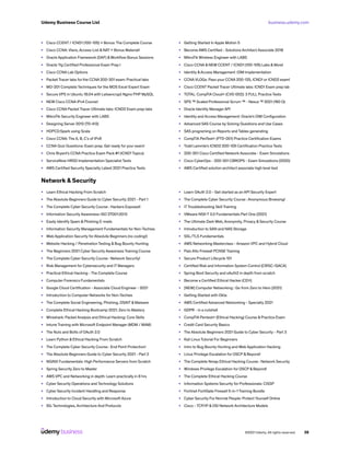 business.udemy.com
Udemy Business Course List
©2021 Udemy. All rights reserved. 38
•	 Cisco CCENT / ICND1 (100-105) + Bonus: The Complete Course
•	 Cisco CCNA: Vlans, Access-List & NAT + Bonus Material!
•	 Oracle Application Framework (OAF) &Workflow Bonus Sessions
•	 Oracle 11g Certified Professional Exam Prep I
•	 Cisco CCNA Lab Options
•	 Packet Tracer labs for the CCNA 200-301 exam: Practical labs
•	 MO-201 Complete Techniques for the MOS Excel Expert Exam
•	 Secure VPS in Ubuntu 18.04 with Letsencrypt Nginx PHP MySQL
•	 NEW Cisco CCNA IPv4 Course!
•	 Cisco CCNA Packet Tracer Ultimate labs: ICND2 Exam prep labs
•	 MikroTik Security Engineer with LABS
•	 Designing Server 2012 (70-413)
•	 HDPCD:Spark using Scala
•	 Cisco CCNA: The A, B, C’s of IPv6
•	 CCNA Quiz Questions: Exam prep. Get ready for your exam!
•	 Chris Bryant’s CCNA Practice Exam Pack #1 (ICND1 Topics)
•	 ServiceNow HRSD Implementation Specialist Tests
•	 AWS Certified Security Specialty Latest 2021 Practice Tests
•	 Getting Started In Apple Motion 5
•	 Become AWS Certified - Solutions Architect Associate 2018
•	 MikroTik Wireless Engineer with LABS
•	 Cisco CCNA & NEW CCENT / ICND1 (100-105) Labs & More!
•	 Identity &Access Management :OIM Implementation
•	 CCNA VLOGs: Pass your CCNA 200-125, ICND1 or ICND2 exam!
•	 Cisco CCENT Packet Tracer Ultimate labs: ICND1 Exam prep lab
•	 TOTAL: CompTIA Cloud+ (CV0-002): 3 FULL Practice Tests
•	 SPS ™ Scaled Professional Scrum ™ - Nexus ™ 2021 (160 Q)
•	 Oracle Identity Manager API
•	 Identity and Access Management: Oracle’s OIM Configuration
•	 Advanced SAS Course by Solving Questions and Use Cases
•	 SAS programing on Reports and Tables generating
•	 CompTIA PenTest+ (PT0-001) Practice Certification Exams
•	 Todd Lammle’s ICND2 200-105 Certification Practice Tests
•	 200-301 Cisco Certified Network Associate - Exam Simulations
•	 Cisco CyberOps - 200-201 CBROPS - Exam Simulations (2020)
•	 AWS Certified solution architect associate high level test
Network & Security
•	 Learn Ethical Hacking From Scratch
•	 The Absolute Beginners Guide to Cyber Security 2021 - Part 1
•	 The Complete Cyber Security Course : Hackers Exposed!
•	 Information Security Awareness-ISO 27001:2013
•	 Easily Identify Spam & Phishing E-mails
•	 Information Security Management Fundamentals for Non-Techies
•	 Web Application Security for Absolute Beginners (no coding!)
•	 Website Hacking / Penetration Testing & Bug Bounty Hunting
•	 The Beginners 2021 Cyber Security Awareness Training Course
•	 The Complete Cyber Security Course : Network Security!
•	 Risk Management for Cybersecurity and IT Managers
•	 Practical Ethical Hacking - The Complete Course
•	 Computer Forensics Fundamentals
•	 Google Cloud Certification - Associate Cloud Engineer - 2021
•	 Introduction to Computer Networks for Non-Techies
•	 The Complete Social Engineering, Phishing, OSINT & Malware
•	 Complete Ethical Hacking Bootcamp 2021: Zero to Mastery
•	 Wireshark: Packet Analysis and Ethical Hacking: Core Skills
•	 Intune Training with Microsoft Endpoint Manager (MDM / MAM)
•	 The Nuts and Bolts of OAuth 2.0
•	 Learn Python & Ethical Hacking From Scratch
•	 The Complete Cyber Security Course : End Point Protection!
•	 The Absolute Beginners Guide to Cyber Security 2021 - Part 2
•	 NGINX Fundamentals: High Performance Servers from Scratch
•	 Spring Security Zero to Master
•	 AWS VPC and Networking in depth: Learn practically in 8 hrs
•	 Cyber Security Operations and Technology Solutions
•	 Cyber Security Incident Handling and Response
•	 Introduction to Cloud Security with Microsoft Azure
•	 5G: Technologies, Architecture And Protocols
•	 Learn OAuth 2.0 - Get started as an API Security Expert
•	 The Complete Cyber Security Course : Anonymous Browsing!
•	 ITTroubleshooting Skill Training
•	 VMware NSX-T 3.0 Fundamentals Part One (2021)
•	 The Ultimate Dark Web, Anonymity, Privacy & Security Course
•	 Introduction to SAN and NAS Storage
•	 SSL/TLS Fundamentals
•	 AWS Networking Masterclass - Amazon VPC and Hybrid Cloud
•	 Palo Alto Firewall PCNSE Training
•	 Secure Product Lifecycle 101
•	 Certified Risk and Information System Control (CRISC-ISACA)
•	 Spring Boot Security and oAuth2 in depth from scratch
•	 Become a Certified Ethical Hacker (CEH)
•	 [NEW] Computer Networking : Go from Zero to Hero (2021)
•	 Getting Started with Okta
•	 AWS Certified Advanced Networking - Specialty 2021
•	 GDPR - in a nutshell
•	 CompTIA Pentest+ (Ethical Hacking) Course & Practice Exam
•	 Credit Card Security Basics
•	 The Absolute Beginners 2021 Guide to Cyber Security - Part 3
•	 Kali Linux Tutorial For Beginners
•	 Intro to Bug Bounty Hunting and Web Application Hacking
•	 Linux Privilege Escalation for OSCP & Beyond!
•	 The Complete Nmap Ethical Hacking Course : Network Security
•	 Windows Privilege Escalation for OSCP & Beyond!
•	 The Complete Ethical Hacking Course
•	 Information Systems Security for Professionals: CISSP
•	 Fortinet FortiGate Firewall 5-in-1 Training Bundle
•	 Cyber Security For Normal People: Protect Yourself Online
•	 Cisco - TCP/IP & OSI Network Architecture Models
 