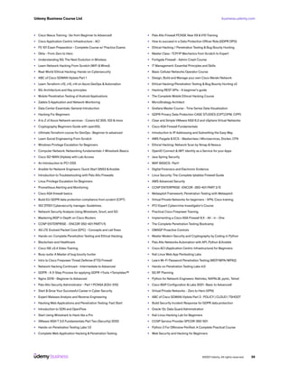 business.udemy.com
Udemy Business Course List
©2021 Udemy. All rights reserved. 39
•	 Cisco Nexus Training : Go from Beginner to Advanced!
•	 Cisco Application Centric Infrastructure - ACI
•	 F5 101 Exam Preparation - Complete Course w/ Practice Exams
•	 Okta - From Zero to Hero
•	 Understanding 5G: The Next Evolution in Wireless
•	 Learn Network Hacking From Scratch (WiFi &Wired)
•	 Real-World Ethical Hacking: Hands-on Cybersecurity
•	 ABC of Cisco SDWAN Viptela Part 1
•	 Learn Terraform v12, v13, v14 on Azure DevOps &Automation
•	 5G: Architecture and Key principles
•	 Mobile Penetration Testing of Android Applications
•	 Zabbix 5 Application and Network Monitoring
•	 Data Center Essentials: General Introduction
•	 Hacking For Beginners
•	 A to Z of Azure Network services - Covers AZ 300, 103 & more
•	 Cryptography Beginners Guide with openSSL
•	 Ultimate Terraform course for DevOps : Beginner to advanced
•	 Learn Social Engineering From Scratch
•	 Windows Privilege Escalation for Beginners
•	 Computer Network: Networking fundamentals + Wireshark Basics
•	 Cisco SD-WAN (Viptela) with Lab Access
•	 An Introduction to PCI-DSS
•	 Ansible for Network Engineers: Quick Start GNS3 &Ansible
•	 Introduction to Troubleshooting with Palo Alto Firewalls
•	 Linux Privilege Escalation for Beginners
•	 Prometheus Alerting and Monitoring
•	 Cisco ASA firewall basics
•	 Build EU GDPR data protection compliance from scratch (CIPT)
•	 ISO 27001 Cybersecurity manager. Guidelines.
•	 Network Security Analysis Using Wireshark, Snort, and SO
•	 Mastering BGP in Depth on Cisco Routers
•	 CCNP ENTERPRISE - ENCOR-350-401 PART1/5
•	 4G LTE Evolved Packet Core (EPC) - Concepts and call flows
•	 Hands-on: Complete Penetration Testing and Ethical Hacking
•	 Blockchain and Healthcare
•	 Cisco ISE v2.4 Video Training
•	 Burp-suite: A Master of bug bounty hunter
•	 Intro to Cisco Firepower Threat Defense (FTD) Firewall
•	 Network Hacking Continued - Intermediate to Advanced
•	 GDPR - A 3-Step Process for applying GDPR +Tools +Templates™
•	 Nginx 2019 - Beginner to Advanced
•	 Palo Alto Security Administrator - Part 1 PCNSA (EDU-210)
•	 Start & Grow Your Successful Career in Cyber Security
•	 Expert Malware Analysis and Reverse Engineering
•	 Hacking Web Applications and Penetration Testing: Fast Start
•	 Introduction to SDN and OpenFlow
•	 Start Using Wireshark to Hack like a Pro
•	 VMware NSX-T 3.0 Fundamentals Part Two (Security) 2020
•	 Hands-on Penetration Testing Labs 1.0
•	 Complete Web Application Hacking & Penetration Testing
•	 Palo Alto Firewall PCNSE New V9 &V10 Training
•	 How to succeed in a Data Protection Officer Role (GDPR DPO)
•	 Ethical Hacking / Penetration Testing & Bug Bounty Hunting
•	 Master Class : TCP/IP Mechanics from Scratch to Expert
•	 Fortigate Firewall - Admin Crash Course
•	 IT Management: Essential Principles and Skills
•	 Basic Cellular Networks Operator Course
•	 Design, Build and Manage your own Cisco Meraki Network
•	 Ethical Hacking/Penetration Testing & Bug Bounty Hunting v2
•	 Hacking REST APIs - A beginner’s guide
•	 The Complete Mobile Ethical Hacking Course
•	 MicroStrategy Architect
•	 Grafana Master Course - Time Series Data Visualization
•	 GDPR Privacy Data Protection CASE STUDIES (CIPT,CIPM, CIPP)
•	 Clear and Simple VMware NSX 6.2 and vSphere Virtual Networks
•	 Cisco ASA Firewall Fundamentals
•	 Introduction to IP Addressing and Subnetting the Easy Way
•	 AWS Fargate & ECS - Masterclass | Microservices, Docker, CFN
•	 Ethical Hacking: Network Scan by Nmap & Nessus
•	 OpenID Connect &JWT: Identity as a Service for your Apps
•	 Java Spring Security
•	 WAF BASICS- Part1
•	 Digital Forensics and Electronic Evidence
•	 Linux Security: The Complete Iptables Firewall Guide
•	 AWS Advanced Security
•	 CCNP ENTERPRISE -ENCOR -350-401 PART 2/5
•	 Metasploit Framework: Penetration Testing with Metasploit
•	 Virtual Private Networks for beginners - VPN, Cisco training
•	 IFCI Expert Cybercrime Investigator’s Course
•	 Practical Cisco Firepower Training
•	 Implementing a Cisco ASA Firewall 9.X - All - in - One
•	 The Complete Penetration Testing Bootcamp
•	 OWASP Proactive Controls
•	 Master Modern Security and Cryptography by Coding in Python
•	 Palo Alto Networks Automation with API, Python &Ansible
•	 Cisco ACI (Application Centric Infrastructure) for Beginners
•	 Kali Linux Web App Pentesting Labs
•	 Learn Wi-Fi Password Penetration Testing (WEP/WPA/WPA2)
•	 Hands-on Penetration Testing Labs 4.0
•	 5G RF Planning
•	 Python for Network Engineers: Netmiko, NAPALM, pyntc, Telnet
•	 Cisco BGP Configuration & Labs 2021- Basic to Advanced!
•	 Virtual Private Networks - Zero to Hero (VPN)
•	 ABC of Cisco SDWAN Viptela Part 2 : POLICY | CLOUD | TSHOOT
•	 Build Security Incident Response for GDPR data protection
•	 Oracle 12c Data Guard Administration
•	 Kali Linux Hacking Lab for Beginners
•	 CCNP Service Provider SPCOR-350-501
•	 Python 3 For Offensive PenTest: A Complete Practical Course
•	 Web Security and Hacking for Beginners
 