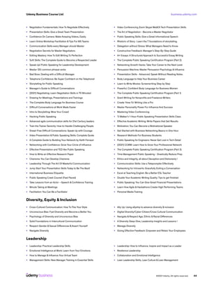 business.udemy.com
Udemy Business Course List
©2021 Udemy. All rights reserved. 44
•	 Negotiation Fundamentals: How To Negotiate Effectively
•	 Presentation Skills: Give a Great Team Presentation
•	 Confidence On Camera: Make Amazing Videos, Easily.
•	 Learn Online Workshop Facilitation &Tips For MS Teams
•	 Communication Skills every Manager should Master
•	 Negotiation Secrets for Master Negotiators
•	 Editing Mastery: How To Edit Writing To Perfection
•	 Soft Skills: The Complete Guide to Become a Respected Leader
•	 Speak Up! Public Speaking for Leadership Development
•	 Master 120 common phrasal verbs
•	 Bad Boss: Dealing with a Difficult Manager
•	 Telephone Confidence: Be Super Confident on the Telephone!
•	 Storytelling for Public Speaking
•	 Manager’s Guide to Difficult Conversations
•	 [2021] Negotiating: Learn Negotiation Skills in 70 Minutes!
•	 Drawing for Meetings, Presentations and Trainings
•	 The Complete Body Language for Business Course
•	 Difficult Conversations at Work Made Easier
•	 Intro to Storytelling: Wow Your Crowd
•	 Hacking Public Speaking
•	 Advanced agile communication skills for 21st Century leaders
•	 Train the Trainer Serenity: How to Handle Challenging People
•	 Dread-Free Difficult Conversations: Speak Up with Courage
•	 Video Presentation & Public Speaking Skills: Complete Guide
•	 A Complete Guide to Building Your Network by Keith Ferrazzi
•	 Networking with Confidence: Grow Your Circle of Influence
•	 Effective Presentation and TED like Public Speaking
•	 How to Write an Effective Research Paper
•	 Charisma: You Can Develop Charisma
•	 Leadership Through The Art Of Masterful Communication
•	 Jump Start Your Presentation Skills Today to Be The Best!
•	 International Business Etiquette
•	 Public Speaking Crash Course! (Fast Paced)
•	 Take Lessons from an Actor --Speech & Confidence Training
•	 Minute Taking at Meetings
•	 Facilitation: You Can Be a Facilitator
•	 Video Conferencing Zoom Skype WebEX Tech Presentation Skills
•	 The Art of Negotiation - Become a Master Negotiator
•	 Public Speaking Skills: Give a Great Informational Speech
•	 Rhetoric of Story : Learn the 7 foundations of storytelling.
•	 Delegation without Stress: What Managers Need to Know
•	 Constructive Feedback: Manager’s Step-By-Step Guide
•	 A+ Essays: A Structured Approach to Successful Essay Writing
•	 The Complete Public Speaking Certification Program (Part 2)
•	 Networking Growth Hacks: Take Your Career to the Next Level
•	 Persuasion Machine: Master Persuasion Psychology & Influence
•	 Presentation Skills - Advanced: Speak Without Reading Notes
•	 Body Language to Help Your Business Career
•	 Learn to Write Movies: Screenwriting Step by Step
•	 Powerful, Confident Body Language for Business Women
•	 The Complete Public Speaking Certification Program (Part 1)
•	 Grant Writing for Nonprofits and Freelance Writers
•	 Create ‘How-To’ Writing Like a Pro
•	 Master Personality Power For Influence And Success
•	 Mastering Video Conferencing
•	 TJ Walker’s 1-Hour Public Speaking Presentation Skills Class
•	 Effective Academic Writing: Write Papers that Get Results
•	 Motivation: You Can Become a Motivational Speaker
•	 Get Started with Business Networking Basics in One Hour
•	 Research Methods For Business Students
•	 Public Speaking for Engineers: Never Get Lost in Tech Detail
•	 [2021] CCMM: Learn How to Grow Your Professional Network
•	 The Complete Public Speaking Certification Program (Part 3)
•	 Time Management Public Speaking - Drastically Reduce Prep
•	 Ethics and Integrity, all about Deception and Dishonesty !
•	 Communication Skills: Use a Teleprompter Effectively
•	 Networking for Introverts: Gracefully Exiting a Conversation
•	 Excel at Teaching English: Be a Better ESLTeacher
•	 Double Your Academic Writing Quality: Tips to get finished
•	 Public Speaking: You Can Give Great Financial Presentations
•	 Learn How Agile & Hackathons Create High Performing Teams
•	 Personal Media Training
Diversity, Equity & Inclusion
•	 Cross-Cultural Communication: How To Flex Your Style
•	 Unconscious Bias: Fuel Diversity and Become a Better You
•	 Psychology of Diversity and Unconscious Bias
•	 Solid Foundations in Intercultural Communication
•	 Respect Gender & Sexual Differences &Assert Yourself
•	 Navigate Diversity
•	 Ally Up: Using allyship to advance diversity & inclusion
•	 Digital Diversity/Cyber-Citizen/Cross Cultural Communication
•	 Navigate & Respect Age, Ethnic & Racial Differences
•	 A Diversity Deep-Dive, Leadership Insights and Lessons !
•	 Manage Diversity
•	 Giving Effective Feedback: Empower and Retain Your Employees
Leadership
•	 Leadership: Practical Leadership Skills
•	 Emotional Intelligence at Work: Learn from Your Emotions
•	 How to Manage & Influence Your Virtual Team
•	 Management Skills: New Manager Training in Essential Skills
•	 Leadership: How to Influence, Inspire and Impact as a Leader
•	 Resilience Leadership
•	 Collaboration and Emotional Intelligence
•	 Lean Leadership Skills, Lean Culture & Lean Management
 