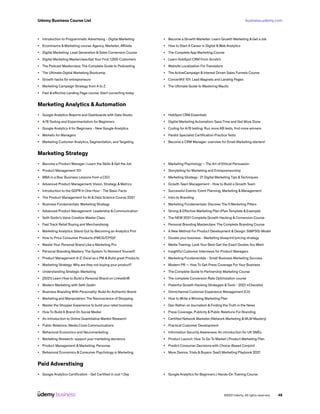 business.udemy.com
Udemy Business Course List
©2021 Udemy. All rights reserved. 48
•	 Introduction to Programmatic Advertising - Digital Marketing
•	 Ecommerce & Marketing course: Agency, Marketer, Affiliate
•	 Digital Marketing: Lead Generation & Sales Conversion Course
•	 Digital Marketing Masterclass:Get Your First 1,000 Customers
•	 The Podcast Masterclass: The Complete Guide to Podcasting
•	 The Ultimate Digital Marketing Bootcamp
•	 Growth hacks for entrepreneurs
•	 Marketing Campaign Strategy from A to Z
•	 Fast & effective Landing Page course: Start converting today
•	 Become a Growth Marketer: Learn Growth Marketing & Get a Job
•	 How to Start A Career in Digital &Web Analytics
•	 The Complete App Marketing Course
•	 Learn HubSpot CRM From Scratch
•	 Website Localization For Translators
•	 The ActiveCampaign & Interest Driven Sales Funnels Course
•	 ConvertKit 101: Lead Magnets and Landing Pages
•	 The Ultimate Guide to Mastering Mautic
Marketing Analytics & Automation
•	 Google Analytics Reports and Dashboards with Data Studio
•	 A/B Testing and Experimentation for Beginners
•	 Google Analytics 4 for Beginners - New Google Analytics
•	 Marketo for Managers
•	 Marketing Customer Analytics, Segmentation, and Targeting
•	 HubSpot CRM Essentials
•	 Digital Marketing Automation: Save Time and Get More Done
•	 Coding for A/B testing: Run more AB tests, find more winners
•	 Pardot Specialist Certification Practice Tests
•	 Become a CRM Manager: overview for Email Marketing starters!
Marketing Strategy
•	 Become a Product Manager | Learn the Skills & Get the Job
•	 Product Management 101
•	 MBA in a Box: Business Lessons from a CEO
•	 Advanced Product Management: Vision, Strategy & Metrics
•	 Introduction to the GDPR In One Hour - The Basic Facts
•	 The Product Management for AI & Data Science Course 2021
•	 Business Fundamentals: Marketing Strategy
•	 Advanced Product Management: Leadership & Communication
•	 Seth Godin’s Value Creation Master Class
•	 Fast Track Retail Buying and Merchandising
•	 Marketing Analytics: Stand Out by Becoming an Analytics Pro!
•	 How to Price Consumer Products (FMCG/CPG)?
•	 Master Your Personal Brand Like a Marketing Pro
•	 Personal Branding Mastery: The System To Reinvent Yourself!
•	 Product Management A-Z: Excel as a PM & Build great Products
•	 Marketing Strategy: Why are they not buying your product?
•	 Understanding Strategic Marketing
•	 [2021] Learn How to Build a Personal Brand on LinkedIn®
•	 Modern Marketing with Seth Godin
•	 Business Branding With Personality: Build An Authentic Brand
•	 Marketing and Manipulation: The Neuroscience of Shopping
•	 Master the Shopper Experience to build your retail business.
•	 How To Build A Brand On Social Media!
•	 An Introduction to Online Quantitative Market Research
•	 Public Relations: Media Crisis Communications
•	 Behavioral Economics and Neuromarketing
•	 Marketing Research: support your marketing decisions
•	 Product Management & Marketing: Personas
•	 Behavioral Economics & Consumer Psychology in Marketing
•	 Marketing Psychology – The Art of Ethical Persuasion
•	 Storytelling for Marketing and Entrepreneurship
•	 Marketing Strategy : 21 Digital Marketing Tips &Techniques
•	 Growth Team Management - How to Build a Growth Team
•	 Successful Events: Event Planning, Marketing & Management
•	 Intro to Branding
•	 Marketing Fundamentals: Discover The 5 Marketing Pillars
•	 Strong & Effective Marketing Plan (Plan Template & Example)
•	 The NEW 2021 Complete Growth Hacking & Conversion Course
•	 Personal Branding Masterclass: The Complete Branding Course
•	 A New Method For Product Development & Design: SIMPSIS-Model
•	 Double your business - Marketing blueprint/pricing strategy
•	 Media Training: Look Your Best-Get the Exact Quotes You Want
•	 Insightful Customer Interviews for Product Managers
•	 Marketing Fundamentals - Small Business Marketing Success
•	 Modern PR — How To Get Press Coverage For Your Business
•	 The Complete Guide to Partnership Marketing Course
•	 The complete Conversion Rate Optimization course
•	 Powerful Growth Hacking Strategies &Tools - 2021 +Checklist
•	 Omnichannel Customer Experience Management (CX)
•	 How to Write a Winning Marketing Plan
•	 Dan Rather on Journalism & Finding the Truth in the News
•	 Press Coverage, Publicity & Public Relations For Branding
•	 Certified Network Marketer (Network Marketing & MLM Mastery)
•	 Practical Customer Development
•	 Information Security Awareness: An introduction for UK SMEs
•	 Product Launch: How To Go To Market | Product Marketing Plan
•	 Predict Consumer Decisions with Choice-Based Conjoint
•	 More Demos, Trials & Buyers: SaaS Marketing Playbook 2021
Paid Adverstising
•	 Google Analytics Certification - Get Certified in Just 1 Day •	 Google Analytics for Beginners | Hands-On Training Course
 