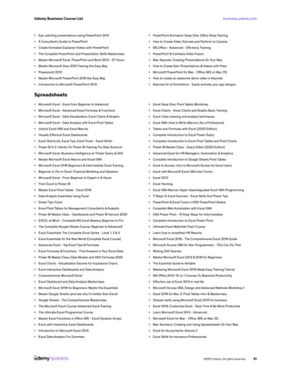 business.udemy.com
Udemy Business Course List
©2021 Udemy. All rights reserved. 51
•	 Eye-catching presentations using PowerPoint 2013
•	 A Consultant’s Guide to PowerPoint
•	 Create Animated Explainer Videos with PowerPoint
•	 The Complete PowerPoint and Presentation Skills Masterclass
•	 Master Microsoft Excel, PowerPoint and Word 2013 - 27 Hours
•	 Master Microsoft Visio 2010 Training the Easy Way
•	 Powerpoint 2010
•	 Master Microsoft PowerPoint 2016 the Easy Way
•	 Introduction to Microsoft PowerPoint 2013
•	 PowerPoint Animation Deep Dive: Office Ninja Training
•	 How to Create Video Tutorials and Perform on Camera
•	 MS Office - Advanced - Efficiency Training
•	 PowerPoint & Camtasia Video Fusion
•	 Mac Keynote: Creating Presentations On Your Mac
•	 How to Create Epic Presentations &Videos with Prezi
•	 Microsoft PowerPoint for Mac - Office 365 on Mac OS
•	 How to create an awesome demo video in Keynote
•	 Keynote for UI Animations - Easily animate your app designs
Spreadsheets
•	 Microsoft Excel - Excel from Beginner to Advanced
•	 Microsoft Excel - Advanced Excel Formulas & Functions
•	 Microsoft Excel - Data Visualization, Excel Charts & Graphs
•	 Microsoft Excel - Data Analysis with Excel Pivot Tables
•	 Unlock Excel VBA and Excel Macros
•	 Visually Effective Excel Dashboards
•	 Excel Shortcuts, Excel Tips, Excel Tricks - Excel Skills!
•	 Power BI A-Z: Hands-On Power BI Training For Data Science!
•	 Microsoft Excel: Business Intelligence w/ Power Query & DAX
•	 Master Microsoft Excel Macros and Excel VBA
•	 Microsoft Excel 2016 Beginners & Intermediate Excel Training
•	 Beginner to Pro in Excel: Financial Modeling and Valuation
•	 Microsoft Excel - From Beginner to Expert in 6 Hours
•	 From Excel to Power BI
•	 Master Excel Pivot Tables - Excel 2016
•	 Data Analysis Essentials Using Excel
•	 Smart Tips: Excel
•	 Excel Pivot Tables for Management Consultants &Analysts
•	 Power BI Master Class - Dashboards and Power BI Service 2020
•	 EXCEL at Work - Complete MS Excel Mastery Beginner to Pro
•	 The Complete Google Sheets Course: Beginner to Advanced!
•	 Excel Essentials: The Complete Excel Series - Level 1, 2 & 3
•	 Excel Essentials for the Real World (Complete Excel Course)
•	 Advanced Excel - Top Excel Tips & Formulas
•	 Excel Formulas & Functions - Find Answers in Your Excel Data
•	 Power BI Master Class-Data Models and DAX Formulas 2020
•	 Excel Charts - Visualization Secrets for Impressive Charts
•	 Excel Interactive Dashboards and Data Analysis
•	 Comprehensive Microsoft Excel
•	 Excel Dashboard and Data Analysis Masterclass
•	 Microsoft Excel 2016 for Beginners: Master the Essentials
•	 Master Google Sheets (and see why it’s better than Excel)
•	 Google Sheets - The Comprehensive Masterclass
•	 The Microsoft Excel Course: Advanced Excel Training
•	 The Ultimate Excel Programmer Course
•	 Master Excel Functions in Office 365 - Excel Dynamic Arrays
•	 Excel with Interactive Excel Dashboards
•	 Introduction to Microsoft Excel 2010
•	 Excel Data Analysis For Dummies
•	 Excel Deep Dive: Pivot Tables Workshop
•	 Excel Charts - Excel Charts and Graphs Basic Training
•	 Excel: Data cleaning and analysis techniques
•	 Excel VBA: How to Write Macros Like a Professional
•	 Tables and Formulas with Excel [2020 Edition]
•	 Complete Introduction to Excel Power Query
•	 Complete Introduction to Excel Pivot Tables and Pivot Charts
•	 Power BI Master Class - Query Editor [2020 Edition]
•	 Advanced Excel for HR Managers | Automation &Analytics
•	 Complete Introduction to Google Sheets Pivot Tables
•	 Excel to Access: Intro to Microsoft Access for Excel Users
•	 Excel with Microsoft Excel VBA User Forms
•	 Excel 2013
•	 Excel Hacking
•	 Excel VBA Macros: Hyper-disambiguated Excel VBA Programming
•	 7 Steps To Excel Success - Excel Skills And Power Tips
•	 PowerPoint & Excel Fusion (+250 PowerPoint Slides)
•	 Complete Web Automation with Excel VBA
•	 DAX Power Pivot - 10 Easy Steps for Intermediates
•	 Complete Introduction to Excel Power Pivot
•	 Ultimate Excel Waterfall Chart Course
•	 Learn how to simplified HR Reports
•	 Microsoft Excel 2016 - The Comprehensive Excel 2016 Guide
•	 Microsoft Access VBA for Non Programmers - YOU Can Do This!
•	 Writing DAX Queries
•	 Master Microsoft Excel 2013 & 2016 for Beginners
•	 The Essential Guide to Airtable
•	 Mastering Microsoft Excel 2016 Made Easy Training Tutorial
•	 MS Office 2013: 10-in-1 Courses To Maximize Productivity
•	 Effective use of Excel 2013 in real life
•	 Microsoft Access VBA, Design and Advanced Methods Workshop 1
•	 Excel 2016 for Mac 3: Pivot Tables Intro & Masterclass
•	 Sharper skills using Microsoft Excel 2010 for business
•	 Excel 2016: Customize Excel - Save Time & Be More Productive
•	 Learn Microsoft Excel 2013 - Advanced
•	 Microsoft Excel for Mac - Office 365 on Mac OS
•	 Mac Numbers: Creating and Using Spreadsheets On Your Mac
•	 Excel for Accountants: Volume 2
•	 Excel Skills for Insurance Professionals
 