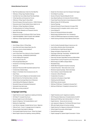 business.udemy.com
Udemy Business Course List
©2021 Udemy. All rights reserved. 54
•	 Meal Planning Masterclass: Create Your Own Meal Plan
•	 15 Minutes x 15 Days Yoga Flexibility Challenge
•	 Cook Real Food: How to Make Simple Plant-Based Meals
•	 14-Day Yoga Detox and Empowerment Course
•	 15 Minutes x 15 Days Yoga For Stress Relief
•	 Personal Emergency Planning (Coronavirus - COVID-19 Edition)
•	 Posturecise (Level 1) Create Healthy Posture Habits for Life
•	 15 Minutes x 15 Days Yoga Balance Challenge
•	 The Sitting Solutions For The Busy Professional
•	 Lower Back Pain: Relaxation and Therapeutic Exercise
•	 Medical Terminology
•	 Professional Life Coach Certification PCELC Coach Training
•	 YOGA FOR INSOMNIA: 7 DAYS TO SLEEP LIKE A DREAM!
•	 15 Minutes x 15 Days Yoga Strength Challenge
•	 Elevate Your Tennis Game: Learn from Champion Andre Agassi
•	 Tai Chi Made Fun and Easy
•	 Secrets of Powerful, Peaceful & Beautiful Tai Chi!
•	 Value-Based Healthcare: An Introduction (Premium Edition)
•	 Foward Head Posture Exercises to Improve Appearance & Health
•	 Medical Coding: ICD-10-CM Essentials
•	 Exercise Physiology
•	 Advanced Training for Trauma Treatment of Complex PTSD
•	 Posturecise (Level 2)- strengthen, stretch, monitor, correct
•	 Cancer Biology 101
•	 Group Life Coaching Certification (Accredited)
•	 Biotechnology: Antibodies &their role in Therapeutics
•	 COVID-19: CRISPR based diagnosis and Antibody Therapies
•	 Health Coaching Certification Holistic Wellness Health Coach
Hobbies
•	 How to Design a Room in 10 Easy Steps
•	 How to Work with Interior Design Styles Like a Pro
•	 What do we mean by climate breakdown?
•	 The Future of Energy
•	 Learn to Play Chess: from a Novice to a Fierce Competitor
•	 Forensic Psychology - ACCREDITED CERTIFICATE
•	 The Art of Baking with Yuppiechef
•	 How to Use Color Like a Pro
•	 #1 Sourdough Bread Baking 101
•	 Introduction to Criminology: Explaining Crime
•	 Sewing 101
•	 Aptitude for Placements 2021: Quantitative Aptitude Tricks
•	 Fundamentals of Garden Design
•	 Design is in the Details: How to Accessorize Like a Pro
•	 Graph Theory
•	 The Ultimate Course for Beginner and Intermediate Crochet
•	 Write & Publish Your First Nonfiction Book on the Side
•	 #2 Bake Artisan Sourdough Bread Like a Professional
•	 Jewelry Making: Wire Wrapping for Beginners
•	 Renewable Energy and Sustainable Development
•	 Sustainable living made simple
•	 What does an actuary actually do?
•	 Use Eco-friendly, Sustainable Design to Improve your Life
•	 How to Write a Nonfiction Book That Actually Sells
•	 Certified Electronic Health Records Specialist
•	 Design and Analysis of Experiments | DoE
•	 Psychology of Older Age / Gerontology - ACCREDITED CERT
•	 CRISPR/Cas9 Crash Course for Beginners
•	 Faster than Calculator, Speed Math Techniques & Mental Math
•	 Classical Physics: Journey Through the Laws of the Universe
•	 Biotechnology Law: GMOs to Designer Babies
•	 Renewable Energy
•	 QC051: Math Prerequisites for Quantum Computing
•	 Industrial Pneumatics - Basics (best online course)
•	 Mechanical engineering design : Sheet metal design
•	 How to develop a research/dissertation idea?
•	 Introduction to Moral Philosophy
•	 Fundamentals of Insurance - 1
•	 Introduction to the physics of space flight
•	 Publishing Scientific Research
•	 GCSE Physics (all exam boards)
•	 SOA Exam P/CAS Exam 1: Probability for Actuaries Part 1
•	 SOA Exam P/CAS Exam 1: Probability for Actuaries Part 2
Language Learning
•	 English Grammar Launch: Upgrade your speaking and listening
•	 IELTS Band 7+ Complete Prep Course
•	 Business English Course for ESL Students
•	 Spanish for Beginners. The Complete Method. Level 1
•	 Building Your English Brain
•	 Learn German Language: Complete German Course - Beginners
•	 3 Minute French - Course 1 | Language lessons for beginners
•	 Business English: Easy English for Meetings
•	 The Complete English Grammar Course - Perfect Your English
•	 Master English: Improve Your Speaking, Listening, &Writing
•	 English Vocabulary Launch: Upgrade your speaking
•	 IELTS Preparation Masterclass: A Complete Guide to the IELTS
•	 Mastering IELTS Writing: Task 2 (Achieve Band 7+ in 7 Hours)
•	 English Grammar - Tenses and verb structures
•	 Learn Japanese for Beginners: The Ultimate 100-Lesson Course
•	 360 useful English phrases for business meetings
•	 English Grammar Pro | Beginner to Advanced (A1-C1) Grammar
•	 Perfect English Pronunciation: British English
•	 Essential Business English
•	 English Language Pro | Spoken English Conversation + Culture
 
