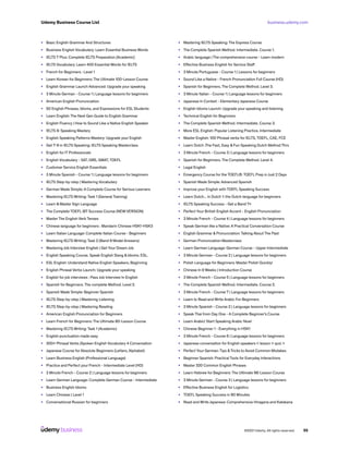 business.udemy.com
Udemy Business Course List
©2021 Udemy. All rights reserved. 55
•	 Basic English Grammar And Structures
•	 Business English Vocabulary: Learn Essential Business Words
•	 IELTS 7 Plus: Complete IELTS Preparation [Academic]
•	 IELTS Vocabulary: Learn 400 Essential Words for IELTS
•	 French for Beginners : Level 1
•	 Learn Korean for Beginners: The Ultimate 100-Lesson Course
•	 English Grammar Launch Advanced: Upgrade your speaking
•	 3 Minute German - Course 1 | Language lessons for beginners
•	 American English Pronunciation
•	 50 English Phrases, Idioms, and Expressions for ESL Students
•	 Learn English: The Next Gen Guide to English Grammar
•	 English Fluency | How to Sound Like a Native English Speaker
•	 IELTS 9: Speaking Mastery
•	 English Speaking Patterns Mastery: Upgrade your English
•	 Get 7-9 in IELTS Speaking: IELTS Speaking Masterclass
•	 English for IT Professionals
•	 English Vocabulary - SAT, GRE, GMAT, TOEFL
•	 Customer Service English Essentials
•	 3 Minute Spanish - Course 1 | Language lessons for beginners
•	 IELTS Step-by-step | Mastering Vocabulary
•	 German Made Simple: A Complete Course for Serious Learners
•	 Mastering IELTS Writing: Task 1 (General Training)
•	 Learn & Master Sign Language
•	 The Complete TOEFL iBT Success Course (NEW VERSION)
•	 Master The English Verb Tenses
•	 Chinese language for beginners : Mandarin Chinese HSK1-HSK3
•	 Learn Italian Language: Complete Italian Course - Beginners
•	 Mastering IELTS Writing: Task 2 (Band 9 Model Answers)
•	 Mastering Job Interview English | Get Your Dream Job
•	 English Speaking Course. Speak English Slang & Idioms. ESL.
•	 ESL English: Understand Native English Speakers, Beginning
•	 English Phrasal Verbs Launch: Upgrade your speaking
•	 English for job interviews : Pass Job Interview In English
•	 Spanish for Beginners. The complete Method. Level 2.
•	 Spanish Made Simple: Beginner Spanish
•	 IELTS Step-by-step | Mastering Listening
•	 IELTS Step-by-step | Mastering Reading
•	 American English Pronunciation for Beginners
•	 Learn French for Beginners: The Ultimate 80-Lesson Course
•	 Mastering IELTS Writing: Task 1 (Academic)
•	 English punctuation made easy
•	 300+ Phrasal Verbs |Spoken English Vocabulary 4 Conversation
•	 Japanese Course for Absolute Beginners (Letters, Alphabet)
•	 Learn Business English (Professional Language)
•	 Practice and Perfect your French - Intermediate Level (HD)
•	 3 Minute French - Course 2 | Language lessons for beginners
•	 Learn German Language: Complete German Course - Intermediate
•	 Business English Idioms
•	 Learn Chinese | Level 1
•	 Conversational Russian for beginners
•	 Mastering IELTS Speaking: The Express Course
•	 The Complete Spanish Method. Intermediate. Course 1.
•	 Arabic language | The comprehensive course - Learn modern
•	 Effective Business English for Service Staff
•	 3 Minute Portuguese - Course 1 | Lessons for beginners
•	 Sound Like a Native - French Pronunciation Full Course (HD)
•	 Spanish for Beginners. The Complete Method. Level 3.
•	 3 Minute Italian - Course 1 | Language lessons for beginners
•	 Japanese In Context - Elementary Japanese Course
•	 English Idioms Launch: Upgrade your speaking and listening
•	 Technical English for Beginners
•	 The Complete Spanish Method. Intermediate. Course 3.
•	 More ESL English: Popular Listening Practice, Intermediate
•	 Master English: 100 Phrasal verbs for IELTS, TOEFL, CAE, FCE
•	 Learn Dutch :The Fast, Easy & Fun Speaking Dutch Method 7hrs
•	 3 Minute French - Course 3 | Language lessons for beginners
•	 Spanish for Beginners. The Complete Method. Level 4.
•	 Legal English
•	 Emergency Course for the TOEFL®: TOEFL Prep in Just 2 Days
•	 Spanish Made Simple: Advanced Spanish
•	 Improve your English with TOEFL Speaking Success
•	 Learn Dutch... in Dutch 1: the Dutch language for beginners
•	 IELTS Speaking Success - Get a Band 7+
•	 Perfect Your British English Accent - English Pronunciation
•	 3 Minute French - Course 4 | Language lessons for beginners
•	 Speak German like a Native: A Practical Conversation Course
•	 English Grammar & Pronunciation: Talking About The Past
•	 German Pronunciation Masterclass
•	 Learn German Language: German Course - Upper Intermediate
•	 3 Minute German - Course 2 | Language lessons for beginners
•	 Polish Language for Beginners: Master Polish Quickly!
•	 Chinese In 9 Weeks | Introduction Course
•	 3 Minute French - Course 5 | Language lessons for beginners
•	 The Complete Spanish Method. Intermediate. Course 2.
•	 3 Minute French - Course 7 | Language lessons for beginners
•	 Learn to Read and Write Arabic For Beginners
•	 3 Minute Spanish - Course 2 | Language lessons for beginners
•	 Speak Thai from Day One - A Complete Beginner’s Course
•	 Learn Arabic! Start Speaking Arabic Now!
•	 Chinese Beginner 1 - Everything in HSK1
•	 3 Minute French - Course 6 | Language lessons for beginners
•	 Japanese conversation for English speakers < lesson + quiz >
•	 Perfect Your German: Tips &Tricks to Avoid Common Mistakes
•	 Beginner Spanish: Practical Tools for Everyday Interactions
•	 Master 320 Common English Phrases
•	 Learn Hebrew for Beginners: The Ultimate 98-Lesson Course
•	 3 Minute German - Course 3 | Language lessons for beginners
•	 Effective Business English for Logistics
•	 TOEFL Speaking Success in 90 Minutes
•	 Read and Write Japanese: Comprehensive Hiragana and Katakana
 