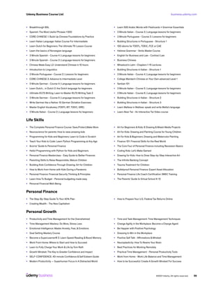 business.udemy.com
Udemy Business Course List
©2021 Udemy. All rights reserved. 56
•	 Breakthrough BSL
•	 Spanish: The Most Useful Phrases +300
•	 CORE CHINESE 1: Build Up Chinese Foundations by Practice
•	 Learn Italian Language: Italian Course For Intermediate
•	 Learn Dutch for Beginners: The Ultimate 75-Lesson Course
•	 Learn the basics of Norwegian language
•	 3 Minute Spanish - Course 4 | Language lessons for beginners
•	 3 Minute Spanish - Course 3 | Language lessons for beginners
•	 Chinese Made Easy L2: Understand Chinese in 10 hours
•	 Introduction to Linguistics
•	 3 Minute Portuguese - Course 2 | Lessons for beginners
•	 CORE CHINESE 2: Advance to Intermediate Level
•	 3 Minute German - Course 4 | Language lessons for beginners
•	 Learn Dutch... in Dutch 2: the Dutch language for beginners
•	 Ultimate IELTS Writing: Learn to Master IELTS Writing Task 2
•	 3 Minute German - Course 5 | Language lessons for beginners
•	 Write German like a Native: 10 German Dictation Exercises
•	 Master English Vocabulary (TOEFL iBT, TOEIC, GRE)
•	 3 Minute Italian - Course 2 | Language lessons for beginners
•	 Learn 500 Arabic Words with Flashcards + Grammar Essentials
•	 3 Minute Italian - Course 3 | Language lessons for beginners
•	 3 Minute Portuguese - Course 3 | Lessons for beginners
•	 Building Structures in Portuguese - Structure 1
•	 100 idioms for TOEFL, TOEIC, FCE or CAE
•	 Hebrew Grammar - Verbs Master Course
•	 English for Business and Law - Contract Law
•	 Business Chinese
•	 Wheelock’s Latin : Chapters 1-15 Lectures
•	 Building Structures in Italian - Structure 1
•	 3 Minute Italian - Course 4 | Language lessons for beginners
•	 College Mandarin Chinese on Your Own advanced Level 1
•	 Serbian 101
•	 3 Minute Italian - Course 5 | Language lessons for beginners
•	 3 Minute Italian - Course 6 | Language lessons for beginners
•	 Building Structures in Italian - Structure 2
•	 Building Structures in Italian - Structure 3
•	 Learn Maltese in Maltese: speak and write Malta’s language
•	 Learn Akan Twi - An Interactive Twi Video course
Life Skills
•	 The Complete Personal Finance Course: Save,Protect,Make More
•	 Neuroscience for parents: How to raise amazing kids
•	 Programming for Kids and Beginners: Learn to Code in Scratch
•	 Teach Your Kids to Code: Learn Python Programming at Any Age
•	 Acorns’ Guide to Personal Finance
•	 Hello! Programming with Python for Kids and Beginners
•	 Personal Finance Masterclass - Easy Guide to Better Finances
•	 Parenting Skills to Raise Responsible, Mature Children
•	 Building Kids Confidence Through Drawing: Art for Children
•	 How to Work from Home with Kids During a Pandemic
•	 Personal Finance: Financial Security Thinking & Principles
•	 Learn How To Budget - Personal budgeting made easy
•	 Personal Financial Well-Being
•	 Art for Beginners & Kids: 8 Drawing & Mixed-Media Projects
•	 Art for Kids: Drawing and Painting Course for Young Children
•	 Art for Kids & Beginners: Drawing and Watercolor Painting
•	 Finance 101: Financial Skills for the Real World
•	 The Core Four of Personal Finance including Recession Basics
•	 Coding Kids: Let’s Make Games!
•	 Drawing for Kids: How to Draw Step-by-Step Interactive Art
•	 The Infinite Banking Concept
•	 Trauma Treatment for Children
•	 Bulletproof Personal Finance: Expert Asset Allocation
•	 Personal Finance Life Coach Certification 3WEC Training
•	 The Parents’ Guide to Virtual School K-12
Personal Finance
•	 The Step-By-Step Guide To Your 401k Plan
•	 Creating Wealth - The New Capitalism
•	 How to Prepare Your U.S. Federal Tax Returns Online
Personal Growth
•	 Productivity and Time Management for the Overwhelmed
•	 Time Management Mastery: Do More, Stress Less
•	 Emotional Intelligence: Master Anxiety, Fear, & Emotions
•	 Goal Setting Mastery Course
•	 Become a SuperLearner® 2: Learn Speed Reading & Boost Memory
•	 Work From Home: Where to Start and How to Succeed
•	 Learn to Fully Charge Your Work & Life by Tom Rath
•	 Growth Mindset: The Key to Greater Confidence and Impact
•	 SELF-CONFIDENCE: 40-minute Confidence & Self Esteem Guide
•	 Modern Productivity — Superhuman Focus In A Distracted World
•	 Time and Task Management: Time Management Techniques
•	 Change Agility in the Workplace: Become a Change Agent
•	 Be Happier with Positive Psychology
•	 Dressing to Win in the Workplace
•	 Positive Self Talk - Affirmations & Mindset
•	 Neuroplasticity: How To Rewire Your Brain
•	 Best Practices for Working Remotely
•	 Practical Time Management - Personal Productivity Tools
•	 Work from Home - Work Life Balance and Time Management
•	 How to be Successful: Create A Growth Mindset For Success
 