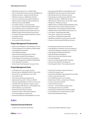 business.udemy.com
Udemy Business Course List
©2021 Udemy. All rights reserved. 61
•	 PMI-ACP Agile Certified Exam Prep - PMI REP 21 PDUs
•	 PMP: The Complete PMP Course & Practice Exam PMI PMBOK 6 ‘20
•	 PMP Exam Cram Session - Updated for the 2021 PMP Exam
•	 CAPM Exam Prep Seminar - PMBOK Guide, Sixth Edition
•	 Scrum 101- A fundamental look at the agile Scrum Master role
•	 CSM Practice Exams: Certified Scrum Master, 200 Questions
•	 PMP Practice Test Exam 2021-PMBOK6
•	 Scrum Master certification - practice test questions
•	 Scrum Product Owner (PSPO I) Certification & 200+ Questions
•	 Practice PMP Exam Questions: 3 Full PMP Exams, Jan 2021
•	 PgMP (Program Management Professional) Exam Prep Course
•	 PRINCE2 Foundation Practice Certification Exams (6 Exams)
•	 Scrum Master Professional Cert,Real Case,2021 Exam Questions
•	 Scrum Master Exam Prep
•	 PMI-ACP Practice Exam
•	 How to Prepare For PMI-ACP Certification
•	 Highly Situational 2021 PMP Exams Updated With New Format
•	 PMP PMBOK 6 Practice Exams: Set One for PMP Candidates
•	 PMP Certification Exam Prep : 500 Practice Questions
•	 Project Management Certified Associate: CAPM Practice Tests
•	 CAPM Exam Cram Session - PMBOK Guide, 6th edition
•	 PMP® Certification: PMP Exam Recap - Get your PMP! / 14 PDUs
•	 PMP Math Prep - PMP Math and Formulas
•	 PMP® Certification v6: 2 PMP Exams& Detailed PMP Math_13pdus
•	 PMP Certification Practice Test Exam-High Quality Questions
•	 PMP Exam Maths, Formulas & Equations Simplified for PMP 6
•	 CAPM® Certification: Ultimate CAPM Exam Prep-23 pdus /c.hrs
•	 Level 4 Diploma - Supplier Relationships (L4M6)
•	 Practice Exams : Professional Scrum Kanban (PSK)
•	 Level 4 Diploma - Defining Business Needs (L4M2)
•	 PMI RMP Exam Preparation Course, 30 Contact Hours for PMI
•	 Professional in Business Analysis PMI-PBA Exam Simulation 1
Project Management Fundamentals
•	 Beginning Project Management: Project Management Level One
•	 The Project Management Course: Beginner to PROject Manager
•	 Project Management Fundamentals
•	 Project Management Essentials
•	 Deeply Practical Project Management (Earn 16 PDUs)
•	 Comparing Agile vs Waterfall Project Management
•	 Project Management Fundamentals: Run projects effectively
•	 Intro to Project Management with PRINCE2 and PRINCE2 Agile
•	 Product Management Fundamentals
•	 Business Analyst: Project Management Techniques and Tools
•	 Project Management Essentials: Ace Your Next Project!
•	 Project Management Fundamentals: Crash Course for Beginners
•	 Practical Project Management for Managers and First Time PMs
•	 Project Management: Getting Started and Beyond
•	 Stakeholder Management & Engagement
•	 Effective Communication Skills: Stakeholder Analysis
•	 Lean Project Management
•	 Crash Course in Project Management (PMP- Preperatory)
•	 Deliver Your Project & Master Project Management
•	 Project Management Skills #1 - Financial Appraisal with NPV
Project Management Tools
•	 Understanding Jira for users, managers and admins
•	 Microsoft Project ALL: BEGINNER to EXPERT 10 Projects 9 PDU
•	 Microsoft Excel for Project Management - Earn 5 PDUs
•	 Team workflows in JIRA
•	 Project Planning with Advanced Roadmaps for Jira
•	 Master Microsoft Project 2016 - 6 PDUs from a PMI REP
•	 Get Kanban Organised & Master Your Tasks From To-Do To Done
•	 Ultimate Microsoft Project 2016 Course - Beginner to Expert
•	 Project Management With MS Project - Scheduling Master Class
•	 JIRA Visual Reference: Issue Administration
•	 Manage and Visualize Projects in Smartsheet
•	 Fundamentals of Asana in 2019 (Project Management)
•	 Trello Project Management: Complete Course
•	 Microsoft Project: MS Project 2013, 2016 &2019 comp./ 8 pdus
•	 Complete Trello Fundamentals - Beginners to Advanced
•	 Primavera P6 Foundations Course
•	 Microsoft Project ADVANCED: Project Management Technics 3PDU
•	 Introduction to Microsoft Project 2013
•	 Get your PfMP® Certification on your first attempt
•	 Microsoft Project 13/16/19 - Like a Boss (Exam 74-343 prep)
•	 Introduction to Microsoft Project 2010
•	 Primavera P6 Advanced Training
•	 Trello Level 1 - Little Known Ways to Do More with Trello
•	 Project Management Crash Course with PMLC
•	 Microsoft Dynamics 365 Project Service Automation Mastery
•	 Forecasting Models and Time Series for Business in R 2021
•	 Microsoft Project 2013 Advanced Training
Sales
Customer Success & Service
•	 Customer | How to Understand Customer Needs •	 Customer Service Mastery: Delight Every Customer
 