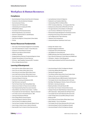 business.udemy.com
Udemy Business Course List
©2021 Udemy. All rights reserved. 63
Workplace & Human Resources
Compliance
•	 Security Awareness Training, Internet Security for Employees
•	 Introduction to Security Awareness Campaigns
•	 Security Awareness Training
•	 Cybersecurity for HR Professionals
•	 Understanding and Complying with HIPAA
•	 HIPAA Workforce Basics
•	 Your Guide to the Pharmaceutical Industry
•	 Biotechnology Business, Law, and Science
•	 Supervisor Leadership Skills for a Safe Workplace
•	 Emergency Life Support
•	 Cyber Security: Beginner’s Training Guide to Online Safety!
•	 First Aid
•	 Learning Business Contracts for Beginners
•	 Employment Law Compliance Made Easy
•	 Understanding HIPAA for the Medical Office
•	 HR 101: Compliance Made Easy - U.S. Employers Must Have
•	 Cardiopulmonary Resuscitation (CPR), AED and First Aid
•	 The Legal Implications of Social Media in the Workplace
•	 Law of Contracts in 60 Minutes: A Fast Track Course
•	 Pharmaceutical Supply Management for Developing Countries
•	 Preventing and Surviving an Active Shooter Incident
•	 Top Five Wage and Hour Traps for Business
•	 Trademark Law for Entrepreneurs
•	 Understanding Worker Classification Crash Course
Human Resources Fundamentals
•	 Green Jujitsu: Smart Employee Engagement for Sustainability
•	 Learn HR Fundamentals for a Career in Human Resources
•	 Introduction to Human Resource Concepts
•	 Effective Human Resource Administration
•	 HR Metrics That Matter
•	 Strategic Workforce Planning: A Fundamental Beginner’s Guide
•	 Strategic Planning Basics for Human Resources
•	 HR Course - Agile PeopleOps Framework (APF) : Foundation
•	 HR as a Strategic Business Partner
•	 Strategic HR in Modern Times
•	 Employee Engagement & Retention
•	 Compensation 101 for HR Professionals
•	 Labor Relations for Human Resources
•	 SHRM Certification Exam Prep: Essential Steps for HR Pros
•	 Prep to Pass the Professional in Human Resources (PHR)® Exam
•	 HR Analytics - Analytics in Talent Management
•	 Criteria Cognitive Aptitude Test (CCAT) Practice Bundle 2021
Learning & Development
•	 How to Edit Your Videos: Official Udemy Course
•	 How to Film your Videos: Official Udemy Course
•	 How to Set your Course Goals: Official Udemy Course
•	 How to Add Practice Activities: Official Udemy Course
•	 How to Improve Your Video Quality: Official Udemy Course
•	 Instructional Design for ELearning
•	 Introduction to Learning and Development (HR)
•	 High Performance Learning 2.0
•	 Train the Trainer Virtual: Virtual Training Master Class
•	 Udemy Course Creation for Passive Income (Unofficial)
•	 Teach Anybody Anything: Reach Any Learner Anywhere
•	 Udemy Masters: Learn Online Course Creation - Unofficial
•	 The Complete Train the Trainer Bootcamp - Beginners-Advanced
•	 Let’s Create a Course in Articulate Storyline 3 / 360
•	 Learning and Development Methods
•	 How to Design Effective Training Programs
•	 Instructional Design for Classroom Training
•	 Train the Trainer Pro: No Beginners Allowed!
•	 Train the Trainer Foundation: Adult Education Mastery Course
•	 How to Create a Custom Course in Udemy for Business
•	 Elearning 2021: How To Create An Online Elearning Course
•	 Instructional Design Pro (Part 1): No Beginners Allowed!
•	 Constructing a Website With Google Sites
•	 Teaching with Google Classroom
•	 The Ultimate Unofficial Udemy Online Course Creation Guide
•	 Create your first course in Articulate Storyline 3
•	 Outcome Based Education (OBE) &Academic Quality Assurance
•	 The Complete Train the Trainer Bootcamp (Part 1): All Levels
•	 Mind Maps/ Mind Mapping for Teachers, Trainers, & Presenters
•	 Seth Godin on learning and education
•	 Mastering Variables in Articulate Storyline 360
•	 Teach Online: How To Create In-Demand Online Courses
•	 Employee Training: Your Rapid Roadmap to Classroom Success
•	 xAPI Fundamentals - Getting Started with xAPI (aka TinCan)
•	 The Complete Train the Trainer Bootcamp (Part 2): All Levels
•	 Create The Best Online Courses Without Being On Camera
•	 Moodle and H5P
•	 How to Create your Course Outline: Official Udemy Course
•	 Adobe Captivate - Focus on Simulations
•	 The Complete Train the Trainer Bootcamp (Part 3): All Levels
•	 Instructional Design Pro (Part 3): No Beginners Allowed!
•	 Instructional Design Pro (Part 2): No Beginners Allowed!
 
