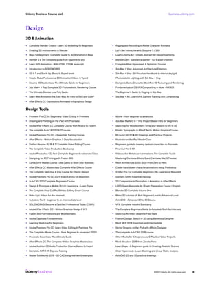 business.udemy.com
Udemy Business Course List
©2021 Udemy. All rights reserved. 9
Design
3D & Animation
•	 Complete Blender Creator: Learn 3D Modelling for Beginners
•	 Creating 3D environments in Blender
•	 Maya for Beginners: Complete Guide to 3D Animation in Maya
•	 Blender 2.8 The complete guide from beginner to pro
•	 Learn SVG Animation - With HTML, CSS &Javascript
•	 Introduction to SOLIDWORKS
•	 GD &T and Stack-Up (Basic to Expert level)
•	 How to Make Professional 2D Animation Videos in Vyond
•	 Cinema 4D Masterclass: The Ultimate Guide for Beginners
•	 3ds Max + V-Ray: Complete 3D Photorealistic Rendering Course
•	 The Ultimate Blender Low Poly Guide
•	 Learn Web Animation the Easy Way: An Intro to SVG and GSAP
•	 After Effects CC Expressions: Animated Infographics Design
•	 Rigging and Recording in Adobe Character Animator
•	 Let’s Get Interactive with Storyline 3 / 360
•	 Learn Cinema 4D - Create Abstract 3D Design Elements
•	 Blender 2.81 - Substance painter - Sci fi asset creation
•	 Complete Altair Hypermesh & Optistruct Course
•	 3ds Max + Vray: Advanced Architectural Exteriors
•	 3ds Max + Vray : 3d Visualizer handbook to Interior daylight
•	 Photorealistic Lighting with 3ds Max + Vray
•	 Complete Game Character Workflow 02 Texturing and Rendering
•	 Fundamentals of CG VFX Compositing in Nuke - NK303
•	 The Beginner’s Guide to Rigging in 3ds Max
•	 3ds Max + AE: Learn VFX, Camera Tracking and Compositing
Design Tools
•	 Premiere Pro CC for Beginners: Video Editing in Premiere
•	 Drawing and Painting on the iPad with Procreate
•	 Adobe After Effects CC Complete Course from Novice to Expert
•	 The complete AutoCAD 2018-21 course
•	 Adobe Premiere Pro CC – Essentials Training Course
•	 After Effects - Motion Graphics & Data Visualization
•	 DaVinci Resolve 15, 16 & 17 Complete Video Editing Course
•	 The Complete Video Production Bootcamp
•	 Adobe Photoshop CC: Your Complete Beginner to Advanced Class
•	 Designing for 3D Printing with Fusion 360
•	 Canva 2019 Master Course | Use Canva to Grow your Business
•	 After Effects CC Masterclass: Complete After Effects Course
•	 The Complete Sketchup &Vray Course for Interior Design
•	 Adobe Premiere Pro CC 2021: Video Editing for Beginners
•	 AutoCAD 2021 Complete Beginners Course
•	 Design & Prototype a Mobile UI/UX Experience - Learn Figma
•	 The Complete Final Cut Pro X Video Editing Crash Course
•	 Make Epic Videos for the Internet!
•	 Autodesk Revit - beginner to an intermediate level
•	 SOLIDWORKS: Become a Certified Professional Today (CSWP)
•	 Adobe After Effects CC - Motion Graphics Design &VFX
•	 Fusion 360 For Hobbyists and Woodworkers
•	 Adobe Captivate Fundamentals
•	 Learning Sketchup for Beginners
•	 Adobe Premiere Pro CC: Learn Video Editing In Premiere Pro
•	 The Complete iMovie Course - from Beginner to Advanced 2020!
•	 Procreate Essentials: The Ultimate Guide
•	 After Effects CC: The Complete Motion Graphics Masterclass
•	 Adobe Audition CC Audio Production Course Basics to Expert
•	 Complete CATIA V5 Express Training
•	 Master Solidworks 2019 - 3D CAD using real-world examples
•	 iMovie - from beginner to advanced
•	 3ds Max Mastery in 7 Hrs: Project Based Intro for Beginners
•	 SketchUp for Woodworkers: bring your designs to life in 3D
•	 Kinetic Typography in After Effects: Motion Graphics Course
•	 60 AutoCAD 2D & 3D Drawings and Practical Projects
•	 Illustrator on the iPad MasterClass
•	 Beginners guide to drawing cartoon characters in Procreate
•	 Final Cut Pro X 101
•	 Videoscribe Whiteboard Animations: The Complete Guide
•	 Mastering Camtasia Studio 9 and Camtasia Mac 3 Preview
•	 Revit Architecture 2020-2021 From Zero to Hero
•	 Create hand drawn character animations using Photoshop
•	 STAAD Pro: For Complete Beginners [No Experience Required]
•	 Siemens NX 10 Essential Training
•	 2D Composition in Photoshop &Animation in After Effects
•	 LEED Green Associate V4 | Exam Preparation Course | English
•	 Blender 3D Complete Volume One
•	 Rhino 3D tutorials v5 & v6 Beginner Level to Advanced Level
•	 AutoCAD - Advanced 2D to 3D Course
•	 VFX: Complete Houdini Bootcamp
•	 The Complete Beginners Guide to Autodesk Revit Architecture
•	 Sketchup Architect Beginner Fast Track
•	 Fashion Design: Sketch in 3D using Marvelous Designer
•	 Revit MEP 2019 Essentials and Intermediate
•	 Vector Drawing on the iPad with Affinity Designer
•	 The complete AutoCAD 2016 course
•	 After Effects for Entrepreneurs: 9 Practical Video Projects
•	 Revit Structure 2018 from Zero to Hero
•	 Learn Maya - A Beginners guide to Creating Realistic Scenes
•	 Altair Hypermesh : Learn Meshing and Linear Static Analysis
•	 AutoCAD 2D and 3D practice drawings
 