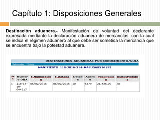Capítulo 1: Disposiciones Generales
Destinación aduanera.- Manifestación de voluntad del declarante
expresada mediante la declaración aduanera de mercancías, con la cual
se indica el régimen aduanero al que debe ser sometida la mercancía que
se encuentra bajo la potestad aduanera.
 
