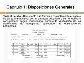 Capítulo 1: Disposiciones Generales
Tarja al detalle.- Documento que formulan conjuntamente el agente
de carga internacional con el almacén aduanero o con el dueño o
consignatario según corresponda, durante la verificación de los
documentos de transporte, registrando las observaciones
pertinentes.
 
