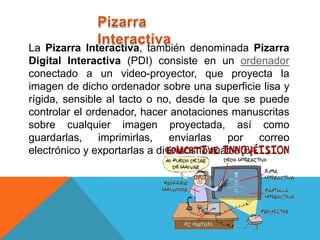 La Pizarra Interactiva, también denominada Pizarra
Digital Interactiva (PDI) consiste en un ordenador
conectado a un video-proyector, que proyecta la
imagen de dicho ordenador sobre una superficie lisa y
rígida, sensible al tacto o no, desde la que se puede
controlar el ordenador, hacer anotaciones manuscritas
sobre cualquier imagen proyectada, así como
guardarlas,    imprimirlas,    enviarlas  por     correo
electrónico y exportarlas a diversos formatos{6}.
 