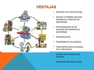 •   Aprender con menos tiempo

•   Acceso a múltiples recursos
    educativos y entornos de
    aprendizaje.

•   Personalización de los
    procesos de enseñanza y
    aprendizaje.

•   Autoevaluación. .

•   Flexibilidad en los estudios.

•   Instrumentos para el proceso
    de la información.

•   Ayudas para la Educación
    Especial.

•   Ampliación del entorno vital.
 