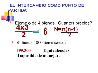 EL INTERCAMBIO COMO PUNTO DE
PARTIDA


* Ejemplo de 4 bienes. Cuantos precios?
   4x3
    2             6     N=n(n-1)
                            2
 * Si fueran 1000 items serian:
   499.500       Equivalencias.
    Imposible de manejar.
 