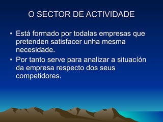 O SECTOR DE ACTIVIDADE Está formado por todalas empresas que pretenden satisfacer unha mesma necesidade. Por tanto serve para analizar a situacíón da empresa respecto dos seus competidores. 