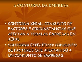 A CONTORNA DA EMPRESA CONTORNA XERAL: CONXUNTO DE FACTORES E CIRCUNSTANCIAS QUE AFECTAN A TODALAS EMPRESAS EN XERAL CONTORNA ESPECÍFICO: CONXUNTO DE FACTORES QUE AFECTAN SÓ A UN CONXUNTO DE EMPRESAS 