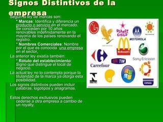 Signos Distintivos de la empresa Según la ley de marcas son: * Marcas : Identifica y diferencia un  producto o servicio  en el mercado. Se conceden por 10 años renovables indefinidamente en la mayoría de los países renovando el registro. *  Nombres Comerciales : Nombre por el que es conocida  una empresa  en el sector . La anterior ley existía también: *  Rótulo del establecimiento : Signo que distingue el local de negocio.  La actual ley no lo contempla porque la titularidad de la marca ya otorga esta posibilidad. Los signos distintivos pueden incluir palabras, logotipos y anagramas. Estos derechos exclusivos pueden cederse a otra empresa a cambio de un royalty. 
