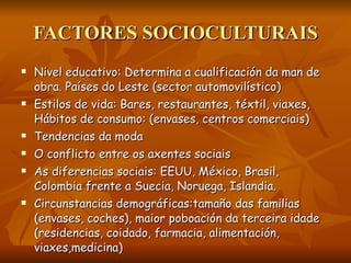 FACTORES SOCIOCULTURAIS Nivel educativo: Determina a cualificación da man de obra. Países do Leste (sector automovilístico) Estilos de vida: Bares, restaurantes, téxtil, viaxes, Hábitos de consumo: (envases, centros comerciais) Tendencias da moda O conflicto entre os axentes sociais As diferencias sociais: EEUU, México, Brasil, Colombia frente a Suecia, Noruega, Islandia. Circunstancias demográficas:tamaño das familias (envases, coches), maior poboación da terceira idade (residencias, coidado, farmacia, alimentación, viaxes,medicina) 