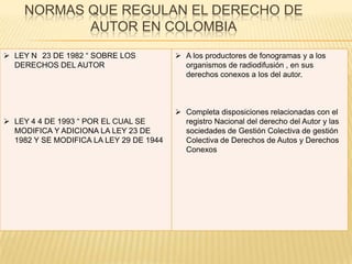 NORMAS QUE REGULAN EL DERECHO DE
AUTOR EN COLOMBIA
 LEY N 23 DE 1982 “ SOBRE LOS
DERECHOS DEL AUTOR
 LEY 4 4 DE 1993 “ POR EL CUAL SE
MODIFICA Y ADICIONA LA LEY 23 DE
1982 Y SE MODIFICA LA LEY 29 DE 1944
 A los productores de fonogramas y a los
organismos de radiodifusión , en sus
derechos conexos a los del autor.
 Completa disposiciones relacionadas con el
registro Nacional del derecho del Autor y las
sociedades de Gestión Colectiva de gestión
Colectiva de Derechos de Autos y Derechos
Conexos
 