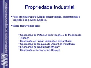 Visa promover a criatividade pela proteção, disseminação e aplicação de seus resultados. Seus instrumentos são: Concessão de Patentes de Invenção e de Modelos de Utilidade; Repressão às Falsas Indicações Geográficas;  Concessão de Registro de Desenhos Industriais;  Concessão de Registro de Marcas; Repressão à Concorrência Desleal. Propriedade Industrial 