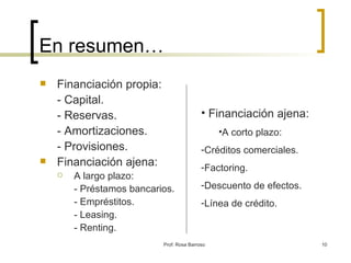En resumen… Financiación propia: - Capital. - Reservas. - Amortizaciones. - Provisiones. Financiación ajena: A largo plazo: - Préstamos bancarios. - Empréstitos. - Leasing. - Renting. Financiación ajena: A corto plazo: Créditos comerciales. Factoring. Descuento de efectos. Línea de crédito. 