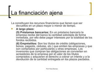 La financiación ajena La constituyen los recursos financieros que tienen que ser devueltos en un plazo mayor o menor de tiempo. A largo plazo: (5) Préstamos bancarios:  En un préstamo bancario la empresa recibe del banco la cantidad solicitada de forma inmediata, por ello debe pagar intereses por la totalidad de los fondos recibidos. (6) Empréstitos:  Son los títulos de crédito (obligaciones, bonos, pagarés, cédulas, etc.) que emiten las empresas y que son comprados por particulares y otras empresas. Los inversores que compran las obligaciones se convierten en acreedores de la empresa por el valor de los títulos comprados y adquieren el derecho a cobrar un interés y a la devolución de la cantidad entregada en los plazos pactados. 