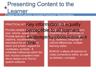 Presenting Content to the
 Learner Curricular Framework: Representation
 Design for All Learners:



           
PRACTICAL APPS:   Key information is equally
                                WHO BENEFITS:

                  perceptibleAssists learners with: sensory
Provide variable features; text
size, volume, speed, zoom.
                                 to all learners or
                                disabilities (e.g., blindness
                Language/symbols/icons are
Provide text equivalents,       deafness); learning disabilities
captions, visual/emotional      (e.g., dyslexia); language or
                  clear.
descriptors for prosody. Pre-   cultural differences, multiple
teach and embed support for        learning styles.
vocabulary, symbols, &
unfamiliar references within the   BONUS: it allows all learners to
text. Access competent read-       make connections within, as well
aloud readers and Text-to-         as between, concepts.
speech software.
 
