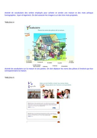 Activité de vocabulaire des verbes employés pour acheter et vendre une maison et des mots prèsque
homographes : loyer et logement. On doit associer les images à un des trois mots proposés.
TABLEAU 4
Activité de vocabulaire sur la maison et ses parties. On doit déplacer les noms des pièces à l'endroit que leur
correspond dans la maison.
TABLEAU 5
 