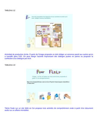 TABLEAU 12
Actividad de production écrite. Â partir de l'image proposée on doit rédiger un annonce pareil aux autres qu'on
a travaillé dans l'UD. On peut élargir l'activité improvisant des dialoges jouées en paires ou proposer la
confection d'un dialogue par écrit.
TABLEAU 13
Tâche finale sur un site Web où l'on propose trois activités de comprehénsion orale à partir d'un document
audio sur un affaire immobilier.
 