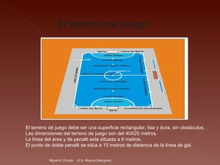 Miguel A. Chicote.  I.E.S. Albariza (Mengíbar) El terreno de juego debe ser una superficie rectangular, lisa y dura, sin obstáculos. Las dimensiones del terreno de juego son del 40X20 metros.  La línea del área y de penalti está situada a 6 metros. El punto de doble penalti se sitúa a 10 metros de distancia de la línea de gol.  