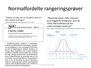 Normalfordelte rangeringsprøver
”Tallene sier ikke noe om årsakene, bare om
den relative endringen.”
Utdanningsdirektoratet, nasjonale prøver 5 trinn, 2014.
”Nasjonale prøver måler elevenes
grunnleggende ferdigheter, men de
måler ikke kvaliteten på den
undervisningen skolen gir.”
NIFU, rapport 4/2013 Evaluering av nasjonale prøver som system, s. 160.)
Simon Malkenes 06.02.2020
 
