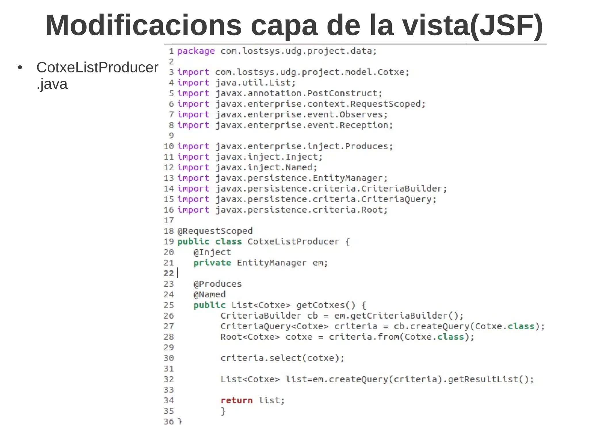 Modificacions capa de la vista(JSF)
●   CotxeListProducer
    .java
 
