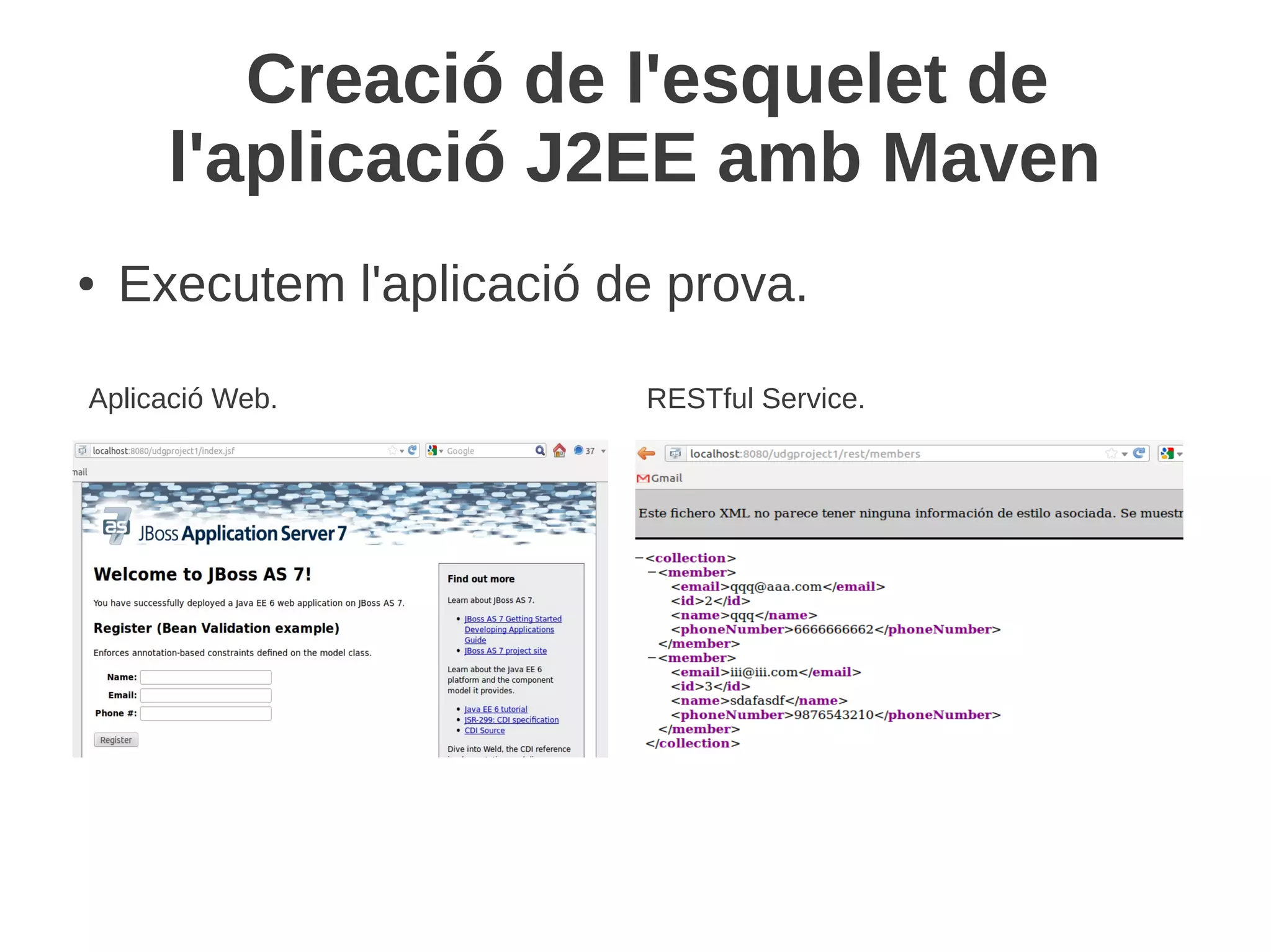 Creació de l'esquelet de
      l'aplicació J2EE amb Maven
●   Executem l'aplicació de prova.

Aplicació Web.            RESTful Service.
 